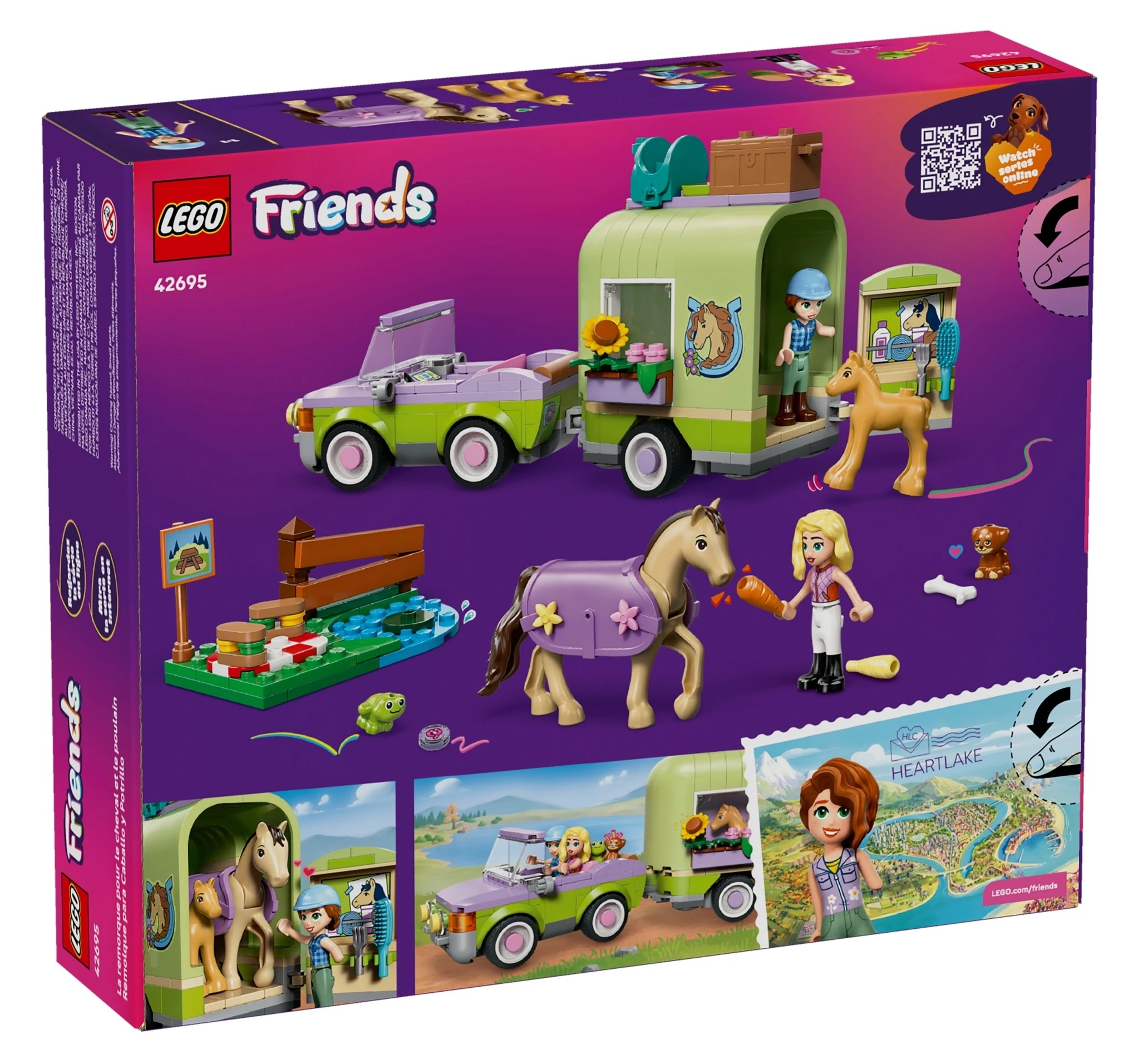 Przyczepa dla koni LEGO Friends z samochodem, figurkami i akcesoriami na fioletowym tle.