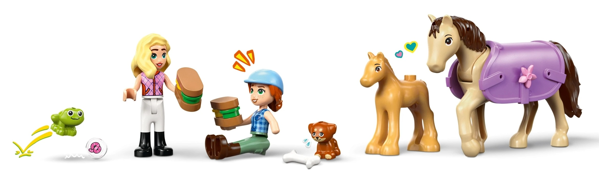 Figurki LEGO z końmi, psem, żabą i kanapkami.