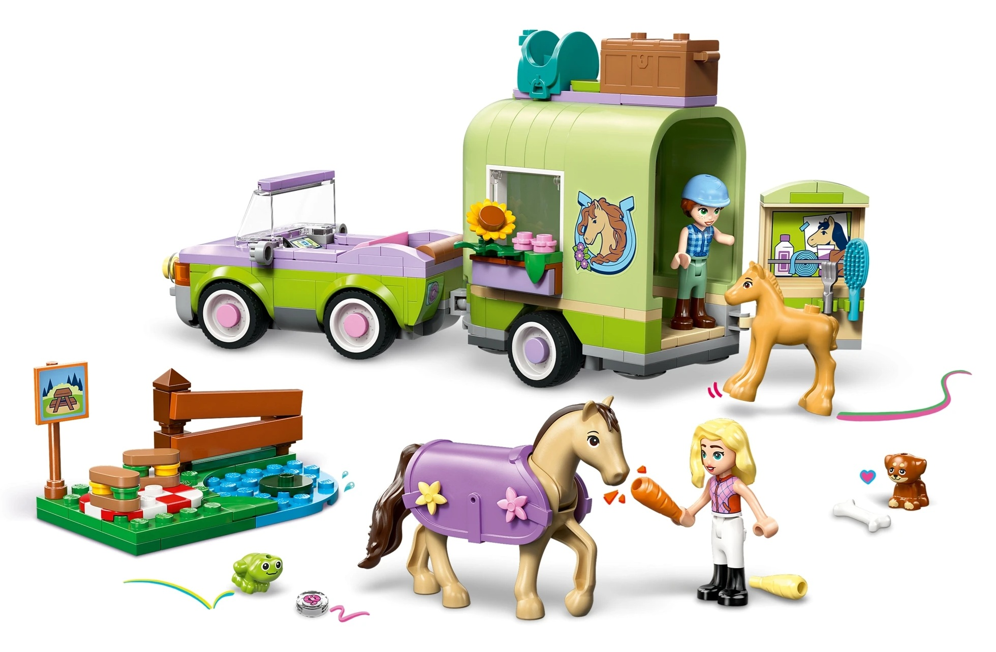 Zestaw zabawek Lego z przyczepą dla koni, samochodem, końmi, figurkami i akcesoriami.