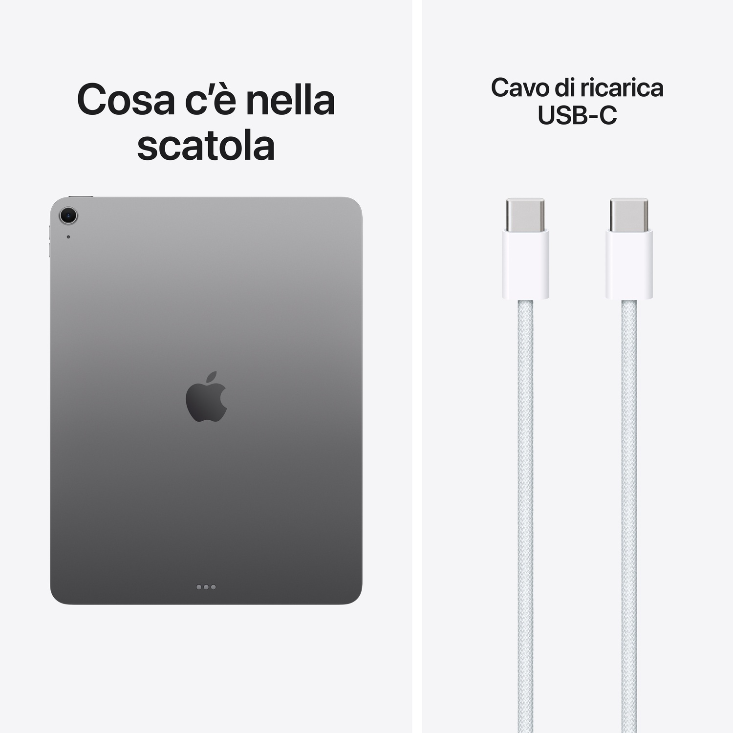 Un iPad grigio con logo Apple e due cavi di ricarica USB-C bianchi.