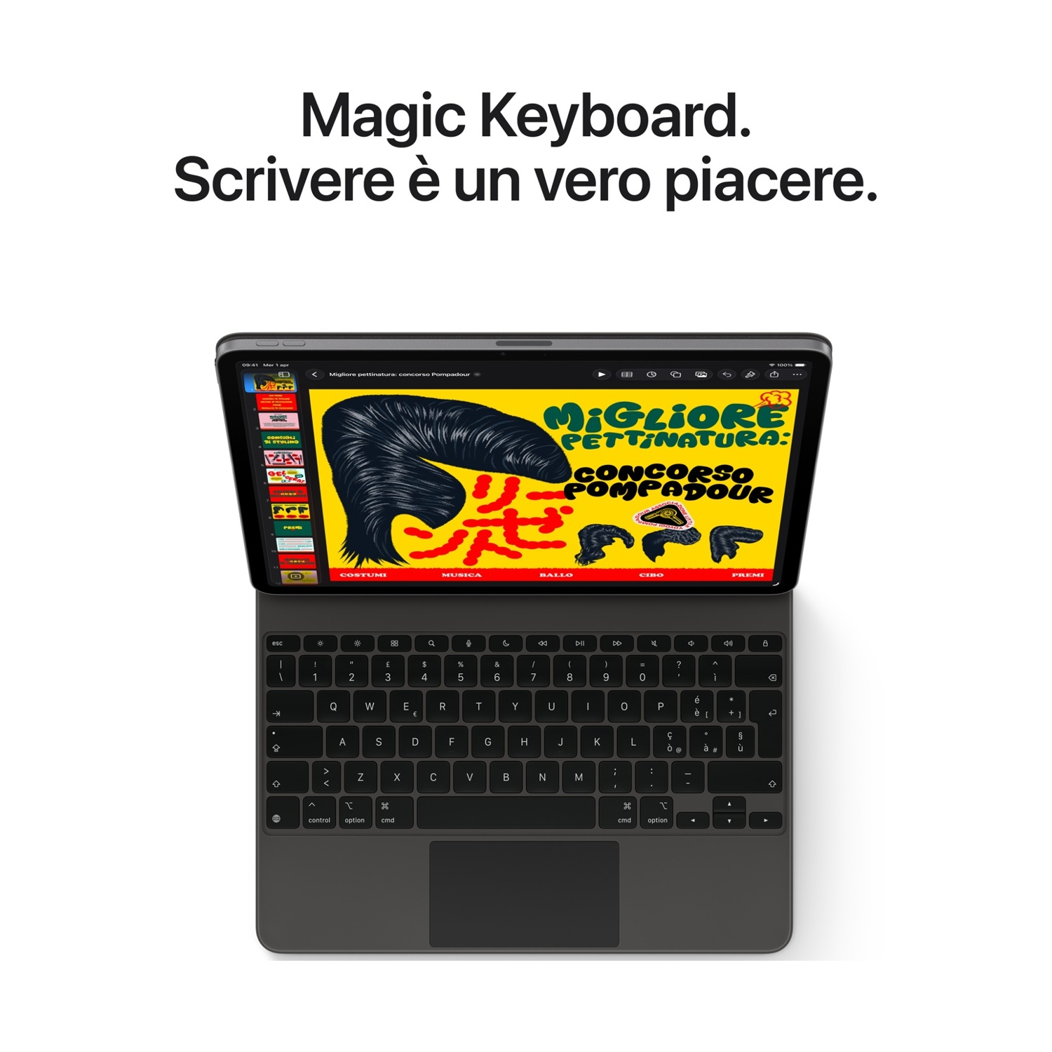 Una Magic Keyboard grigia con un tablet che mostra un'app per acconciature.