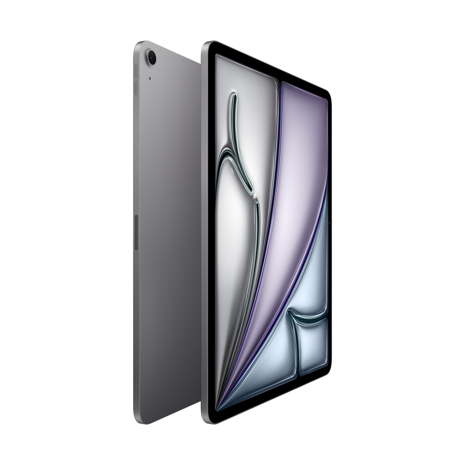 Un tablet grigio con fotocamere posteriori e schermo colorato.