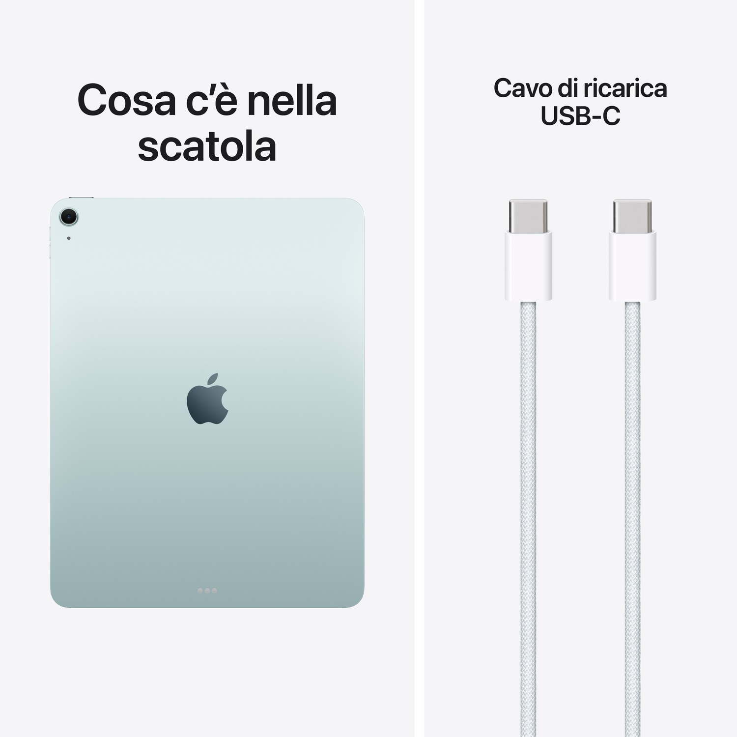 Un iPad Apple verde chiaro e due cavi di ricarica USB-C bianchi.
