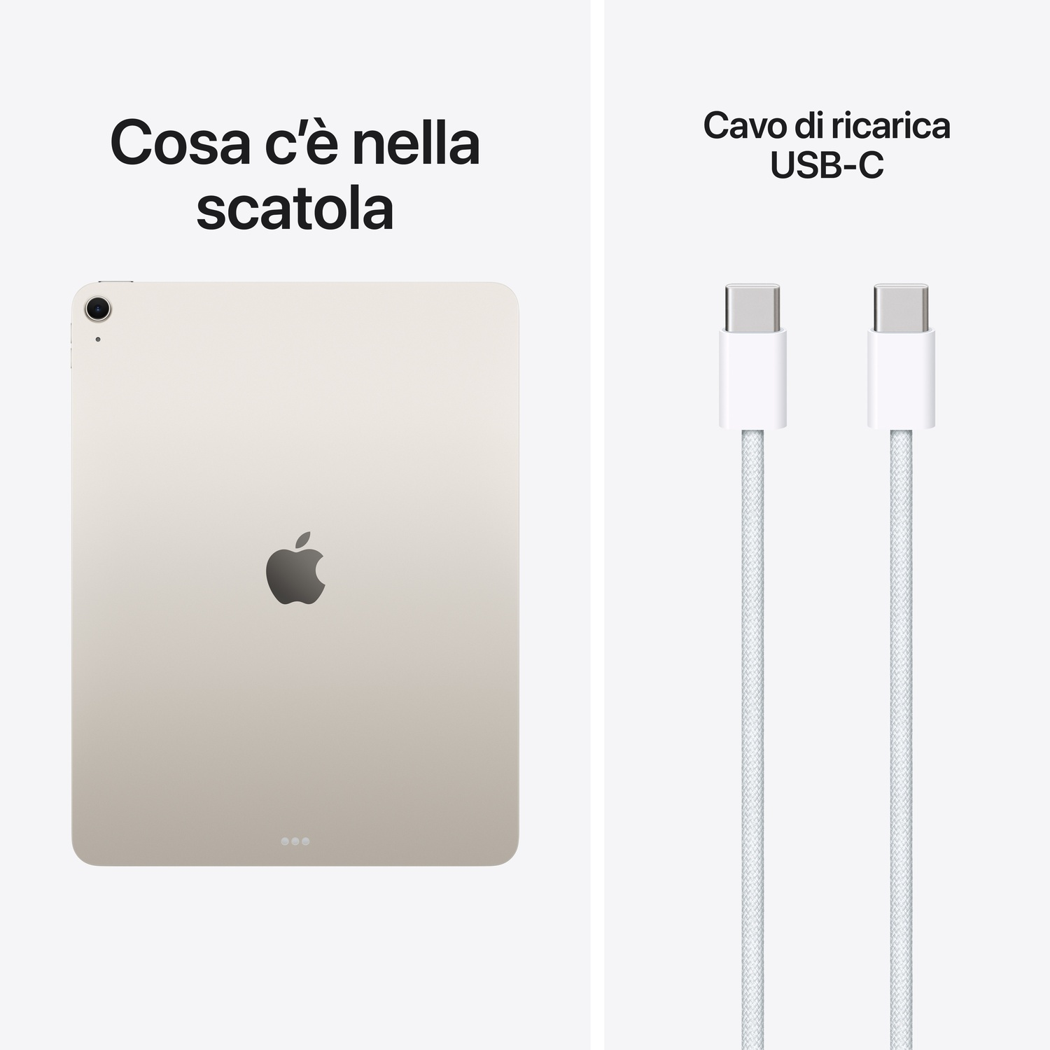 Un tablet chiaro con logo Apple e due cavi di ricarica USB-C bianchi.