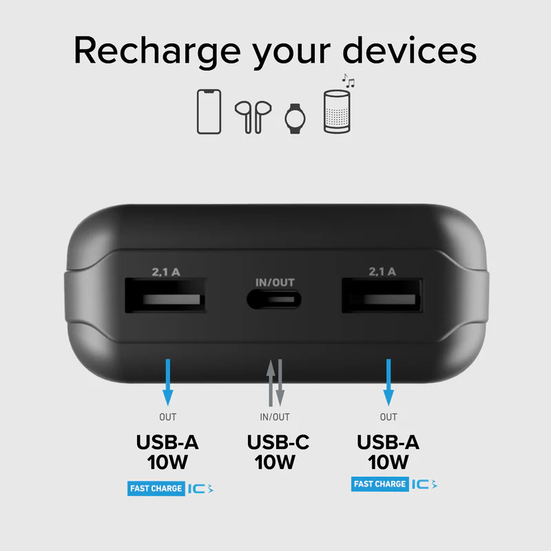Schwarzes Ladegerät mit zwei USB-A- und einem USB-C-Anschluss.