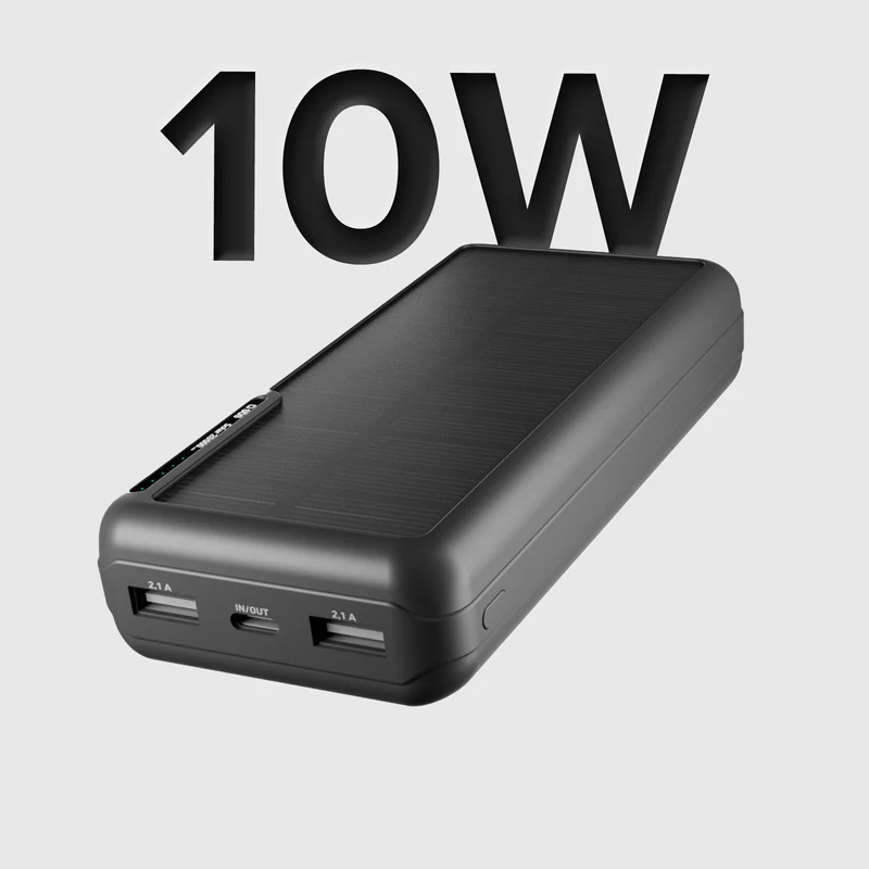 Schwarzes Solar-Powerbank mit USB-Anschlüssen und 10W-Anzeige.