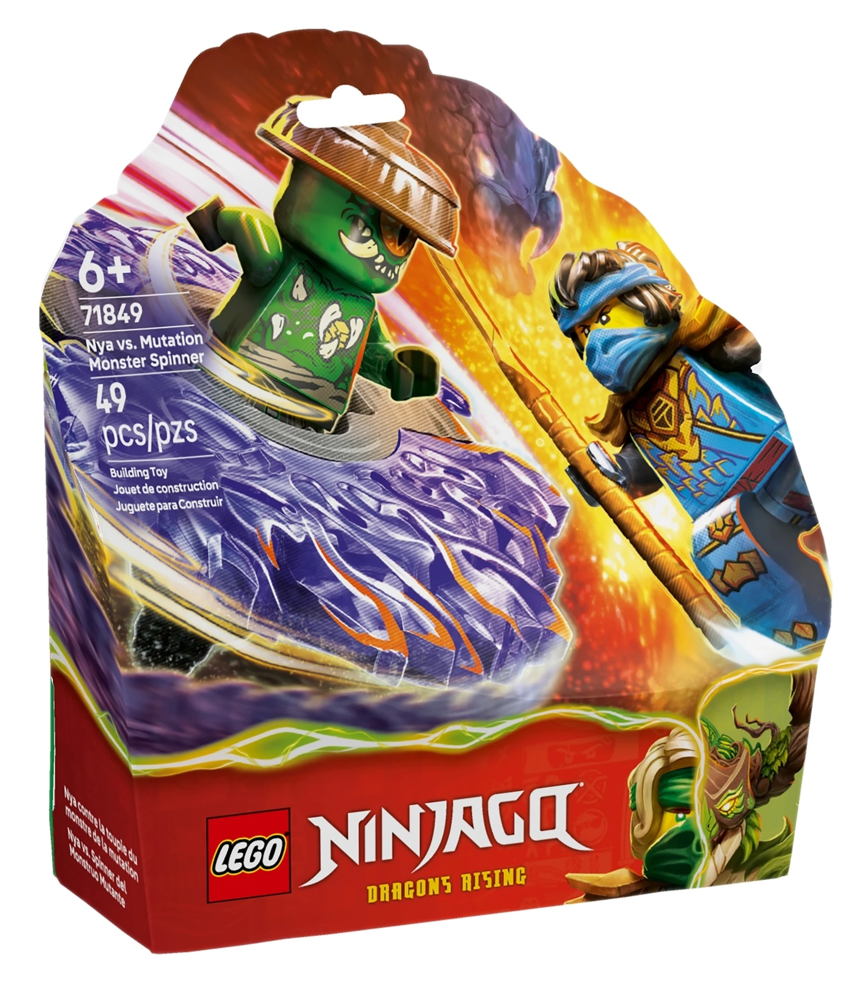 Pudełko Lego Ninjago: Zielona i niebieska minifigurka walczą na spinnerze.