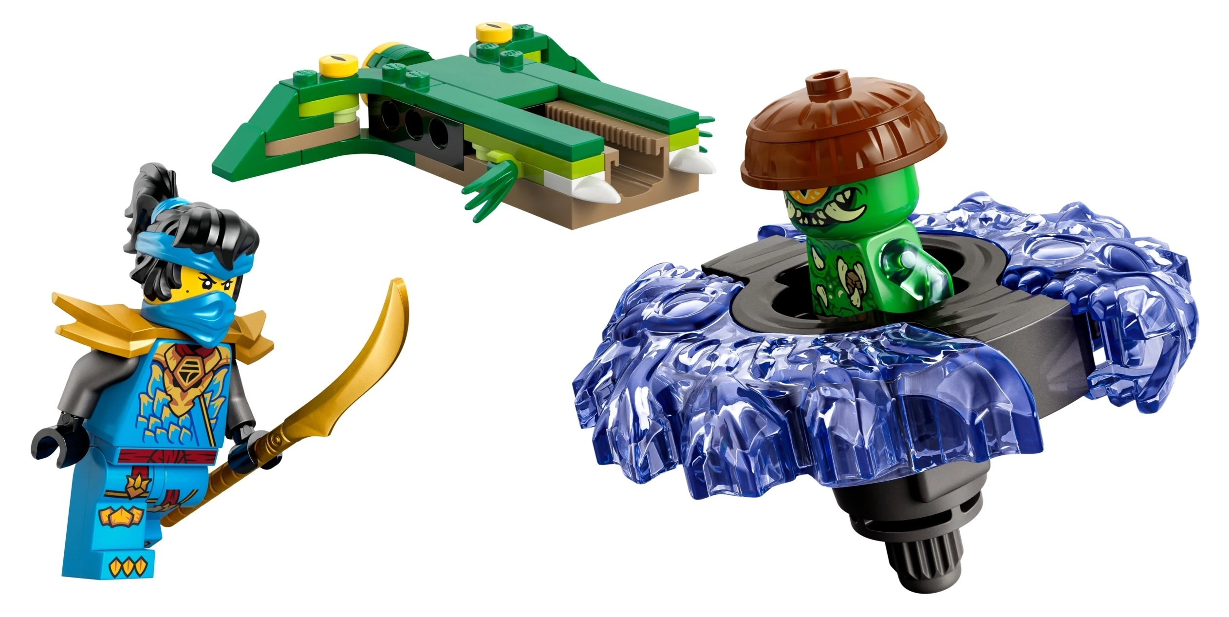 Niebieski ninja ze złotym pancerzem trzyma złoty miecz. Zielony ceglany aligator i spinner z zielonym potworem.