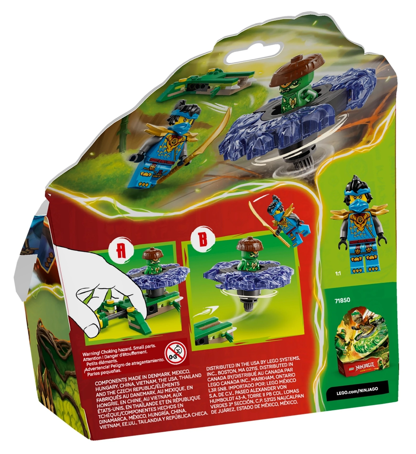 Figurki Lego Ninjago z pojazdami i akcesoriami do zabawy na opakowaniu.