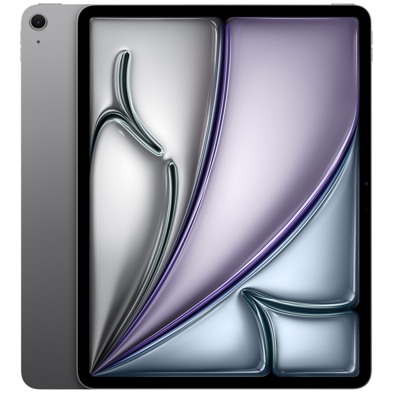 Une tablette argentée avec un fond abstrait et liquide aux tons violets et bleus.