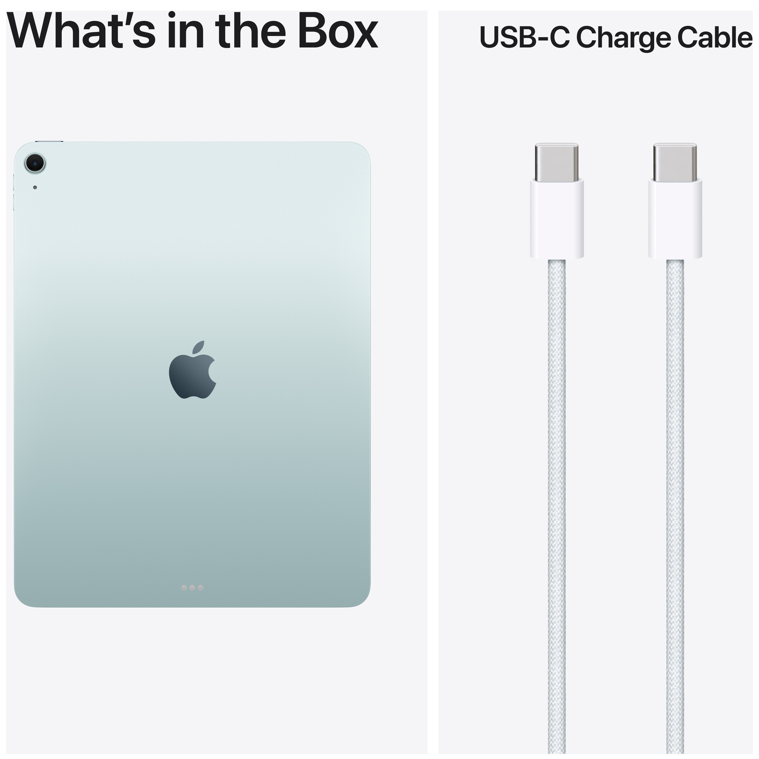 iPad bleu clair et deux câbles USB-C blancs sur fond blanc.