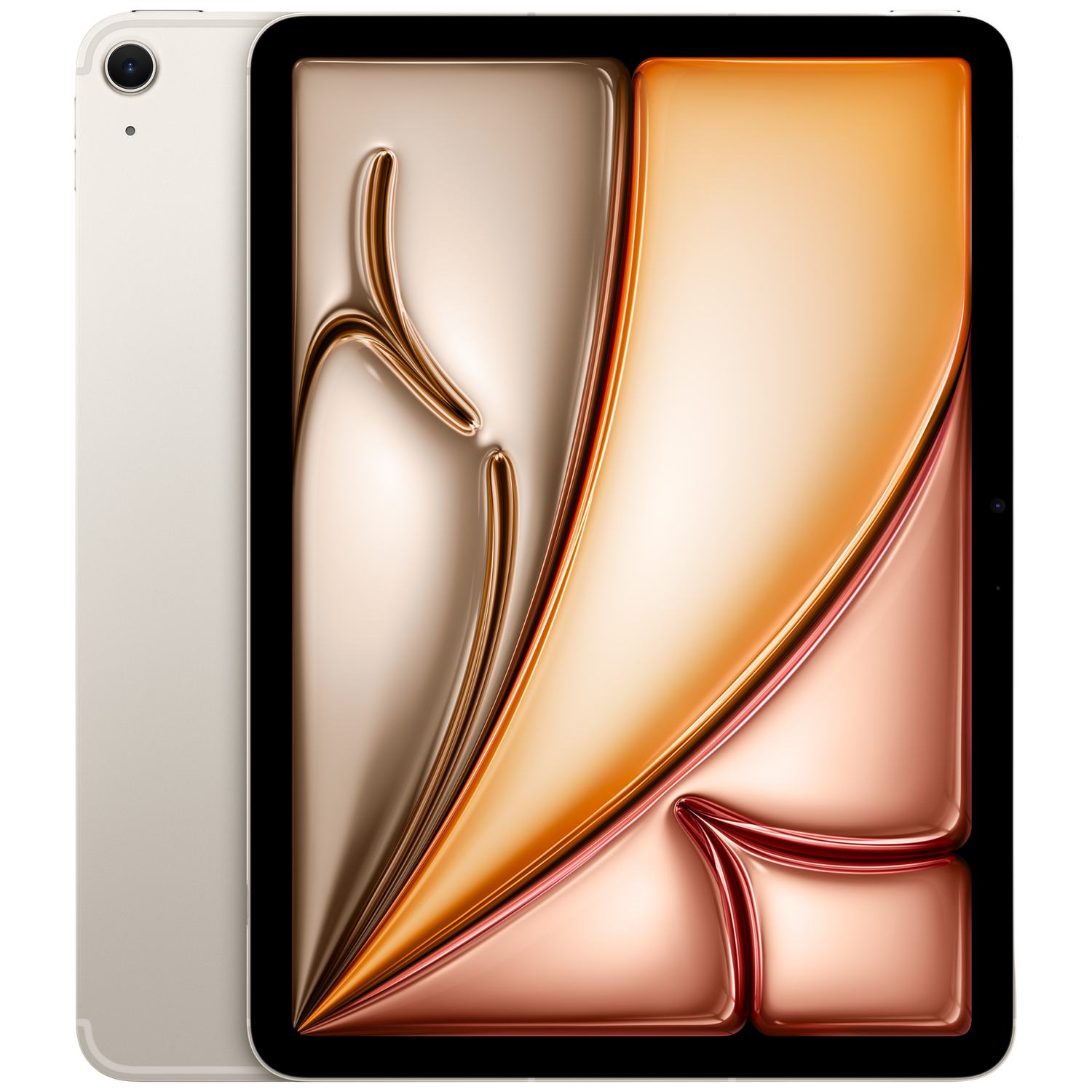 Une tablette or clair avec un design abstrait et fluide sur son écran.