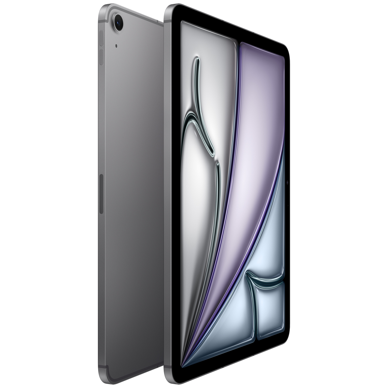 Une tablette grise avec un fond d'écran abstrait coloré.