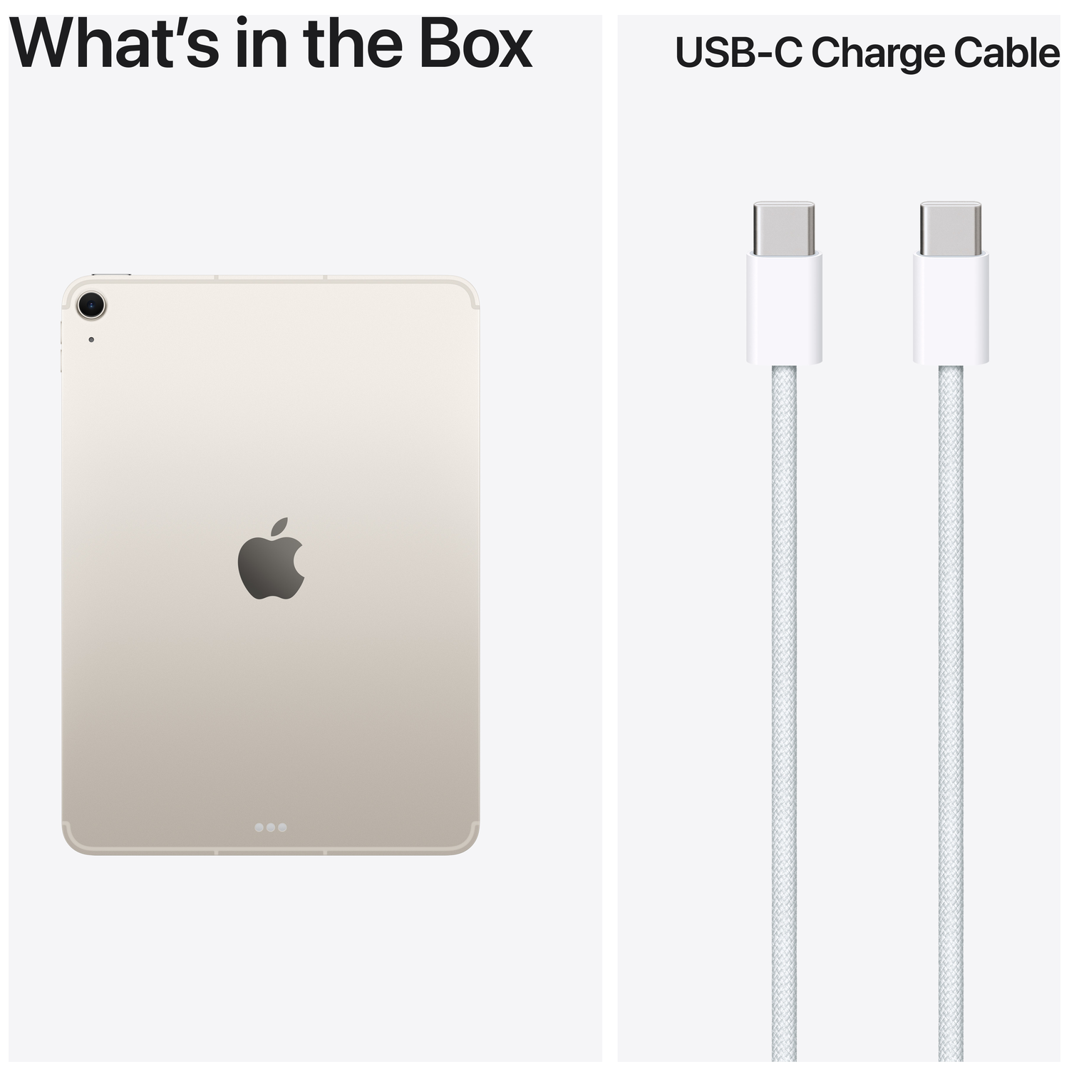 Une tablette or clair avec logo Apple et un câble de chargement USB-C blanc.
