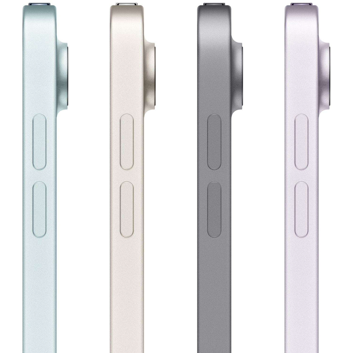 Quatre tablettes bleu sarcelle, beige, gris et violet vues de profil avec boutons.