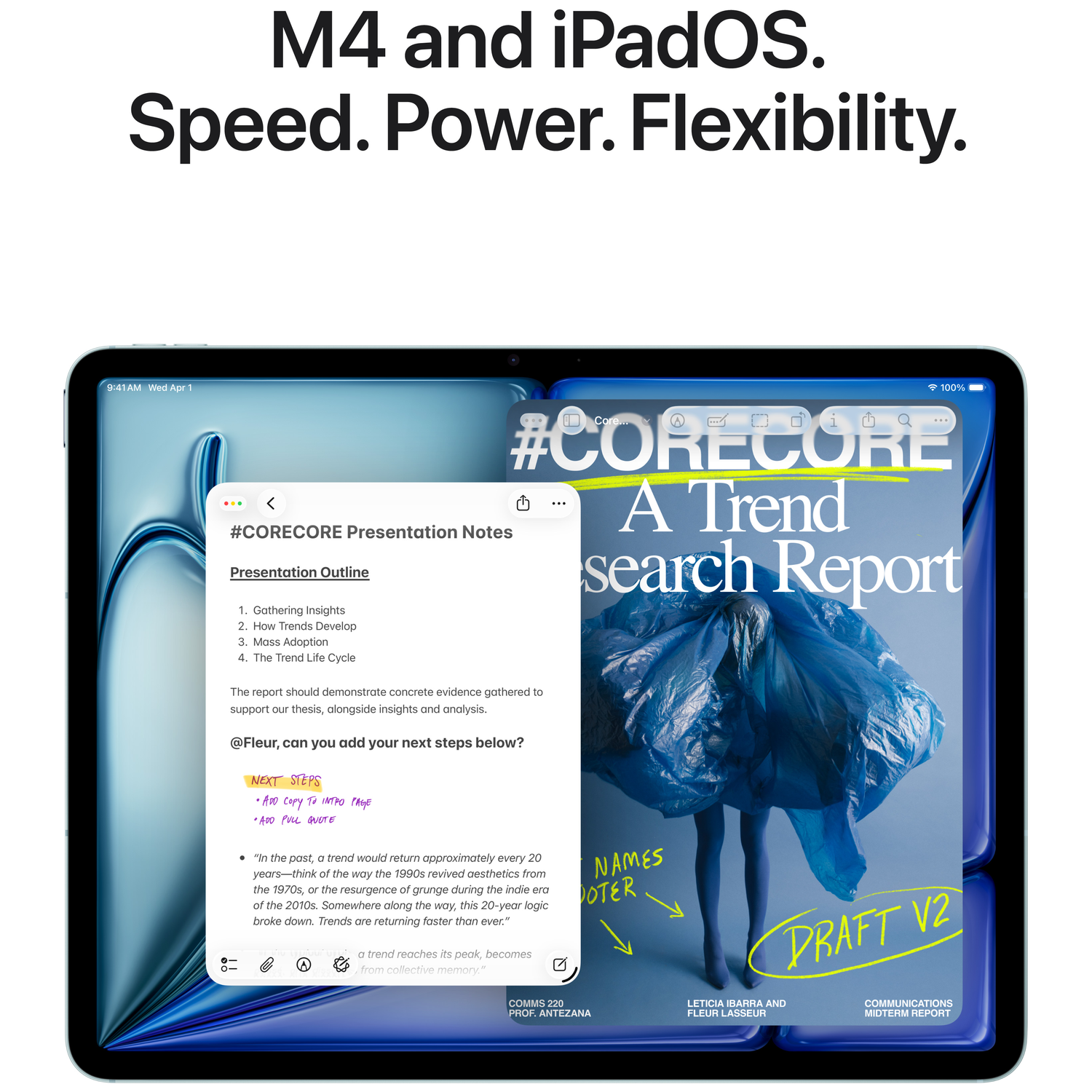 Un iPad à deux écrans. Notes à gauche, ébauche de magazine à droite.