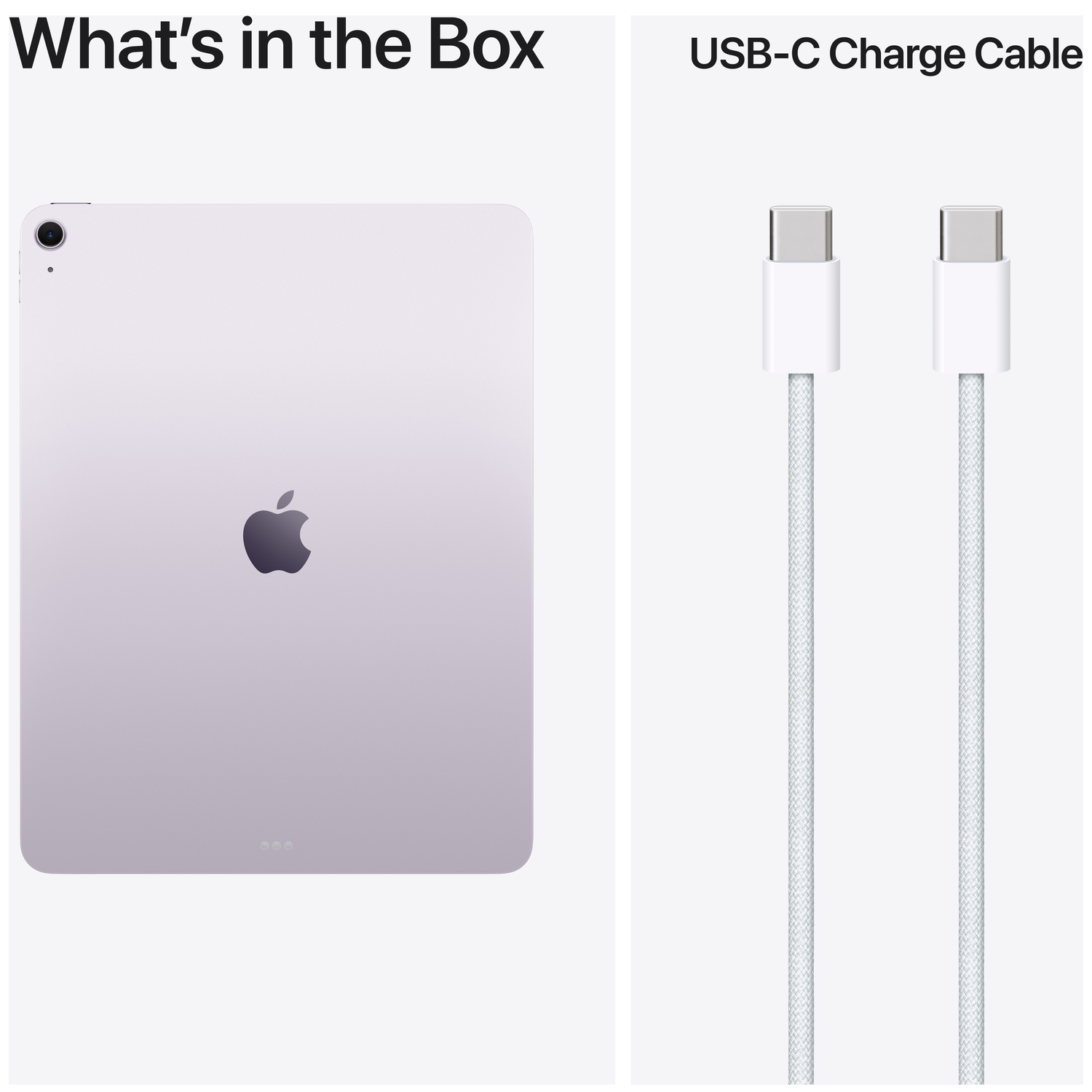 Une tablette violette et deux câbles de charge USB-C blancs.