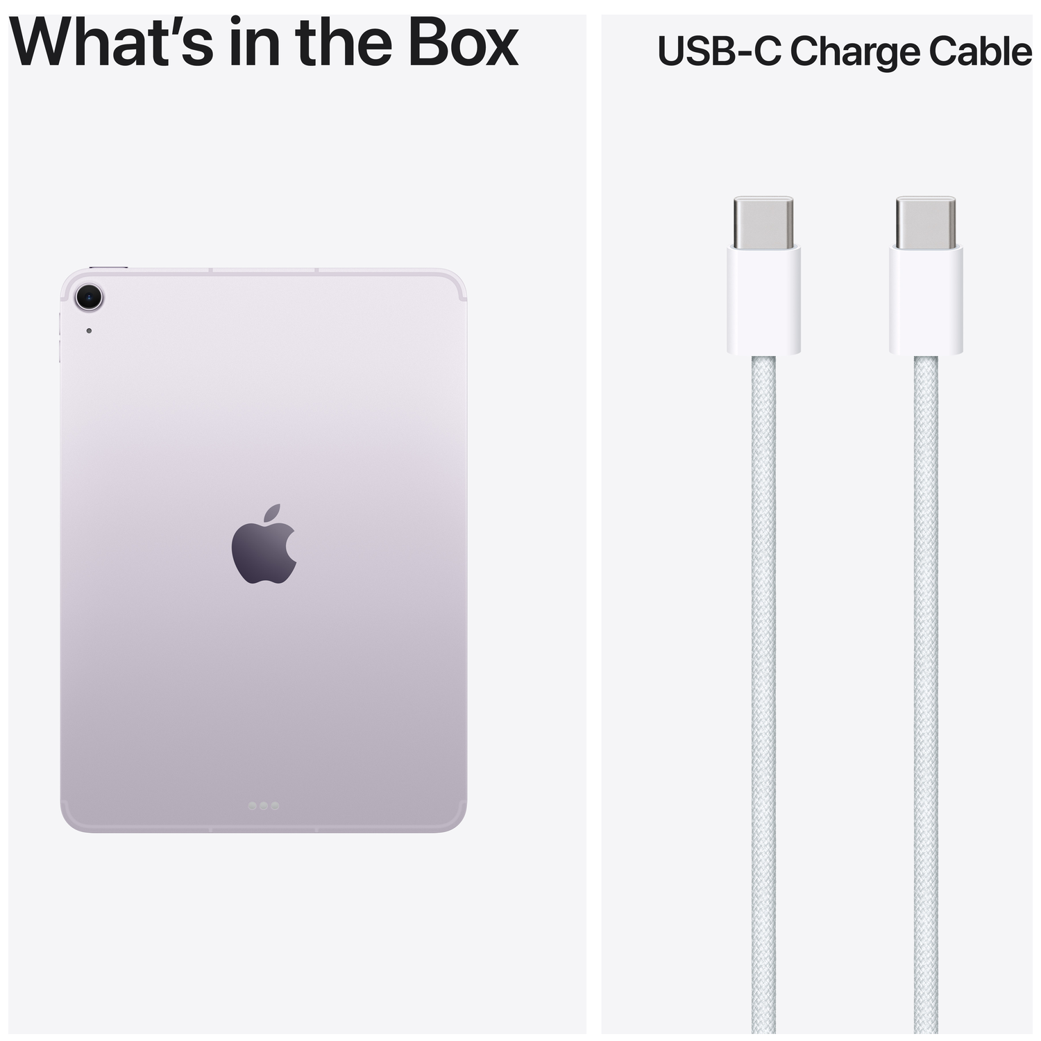 iPad violet avec logo Apple et deux câbles USB-C blancs.