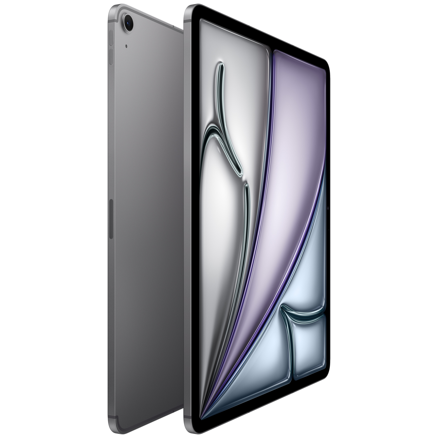 Une tablette grise avec deux appareils, l'un montrant une caméra, l'autre un écran coloré.