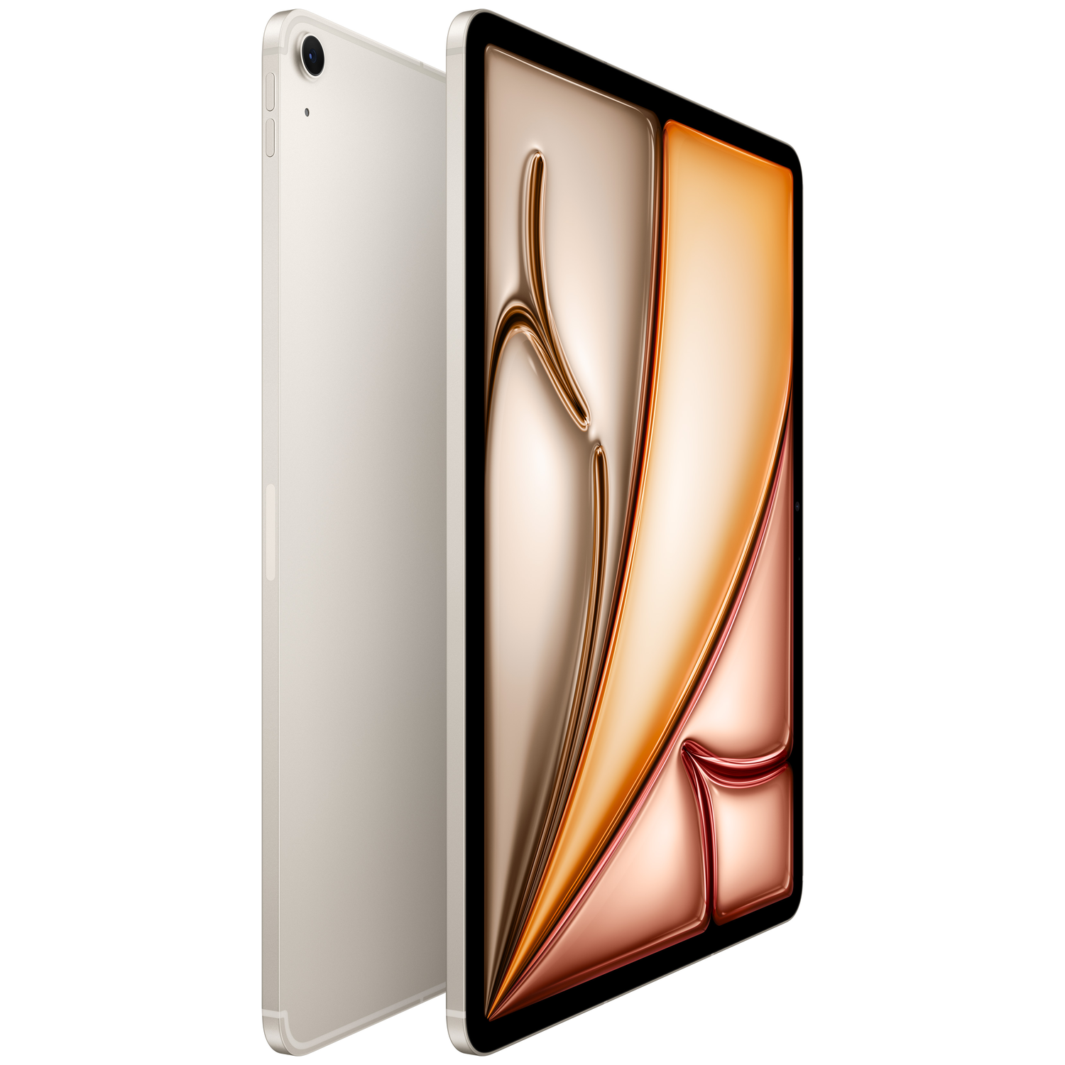 Une tablette argentée inclinée, montrant son dos et son écran avec un affichage coloré.