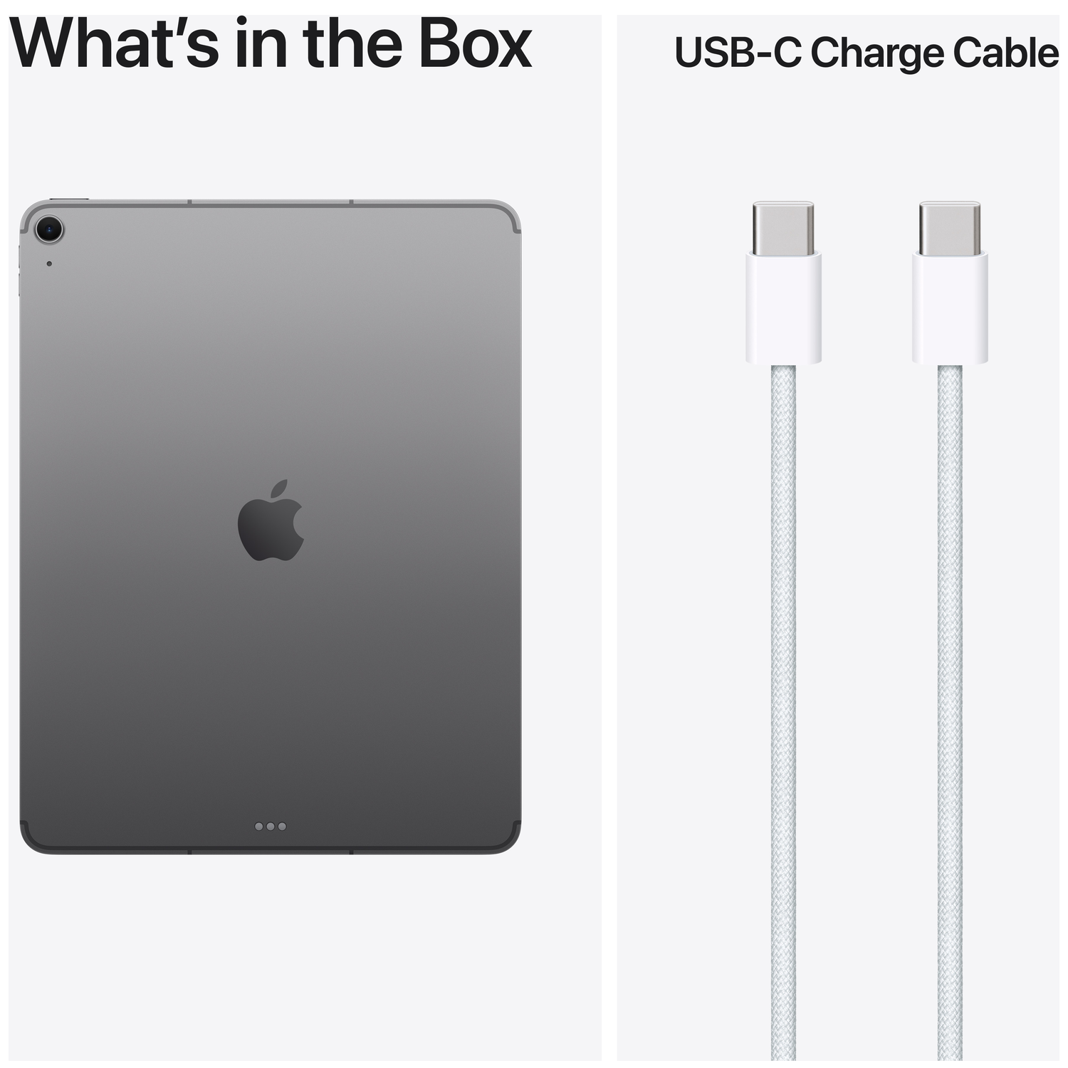 Un iPad gris et deux câbles de charge USB-C blancs.