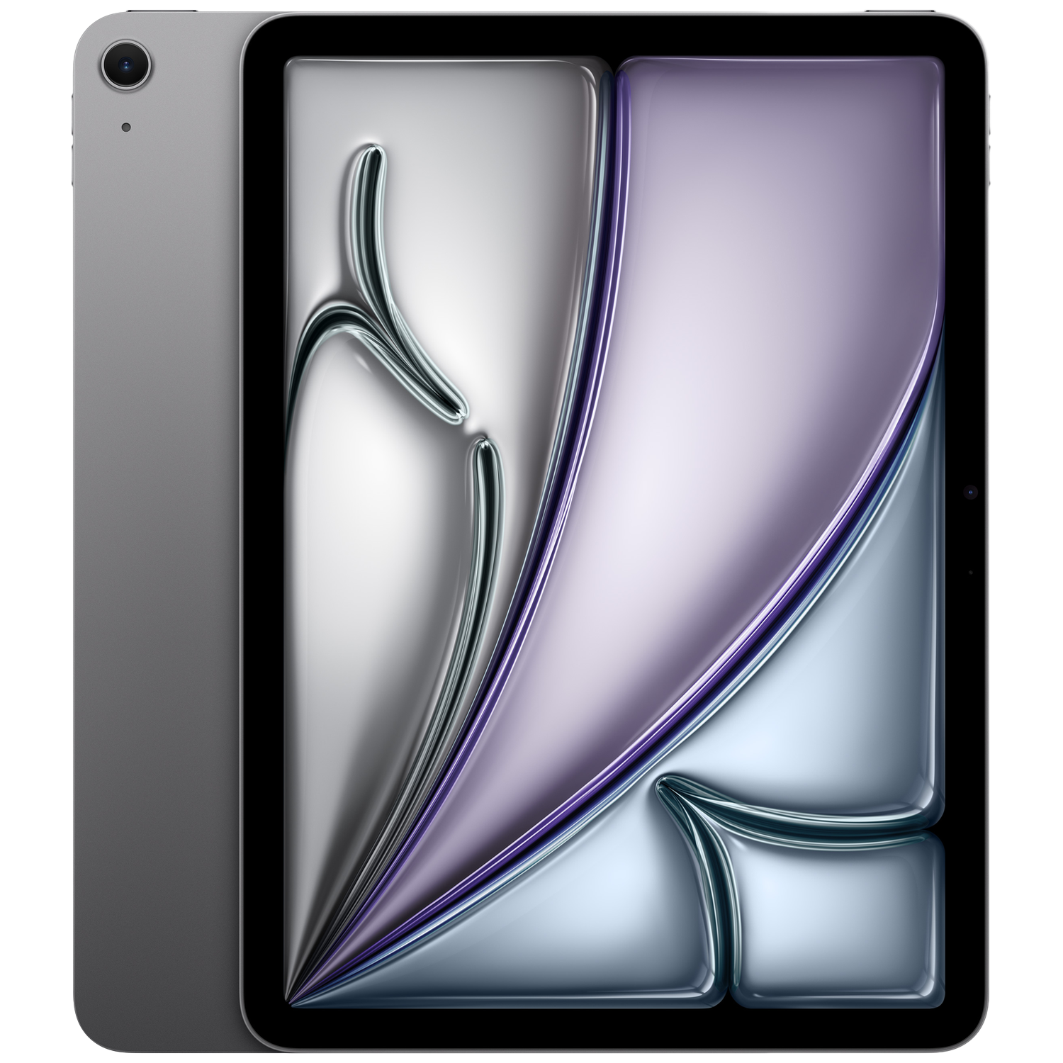 Une tablette argentée affichant un motif abstrait et incurvé sur son écran.
