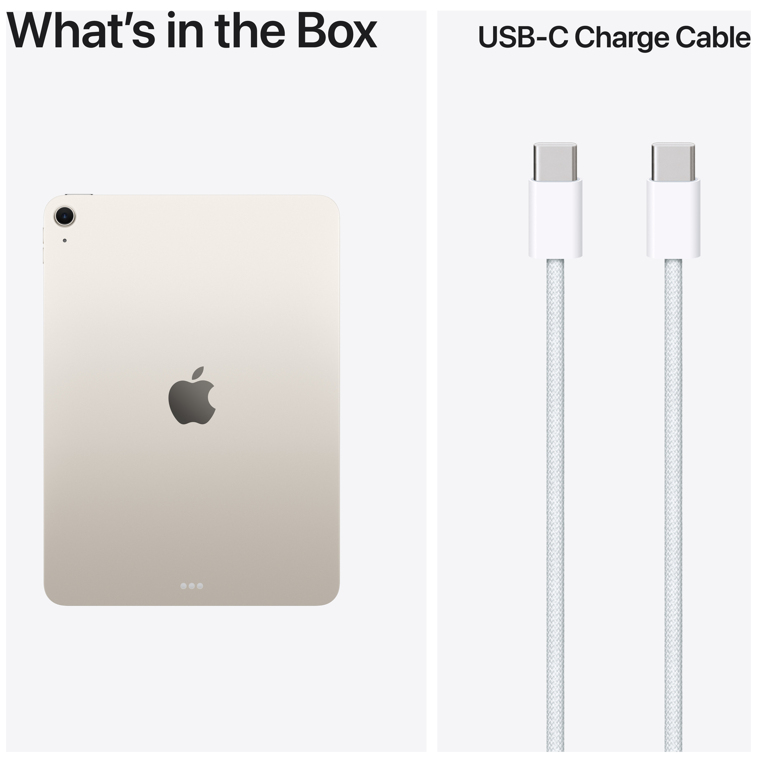 Une tablette or clair avec logo Apple et deux câbles USB-C blancs.