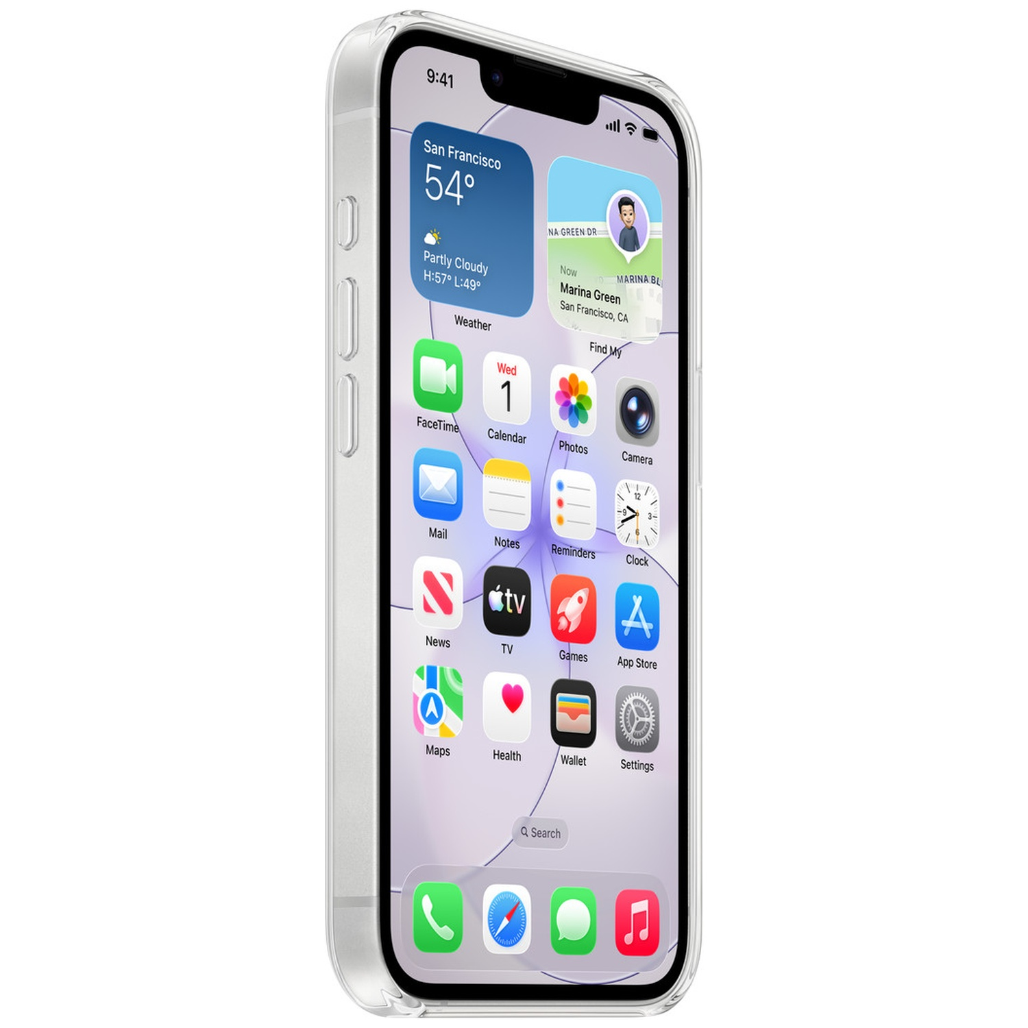 An iPhone in a clear case showing a weather widget and app icons.