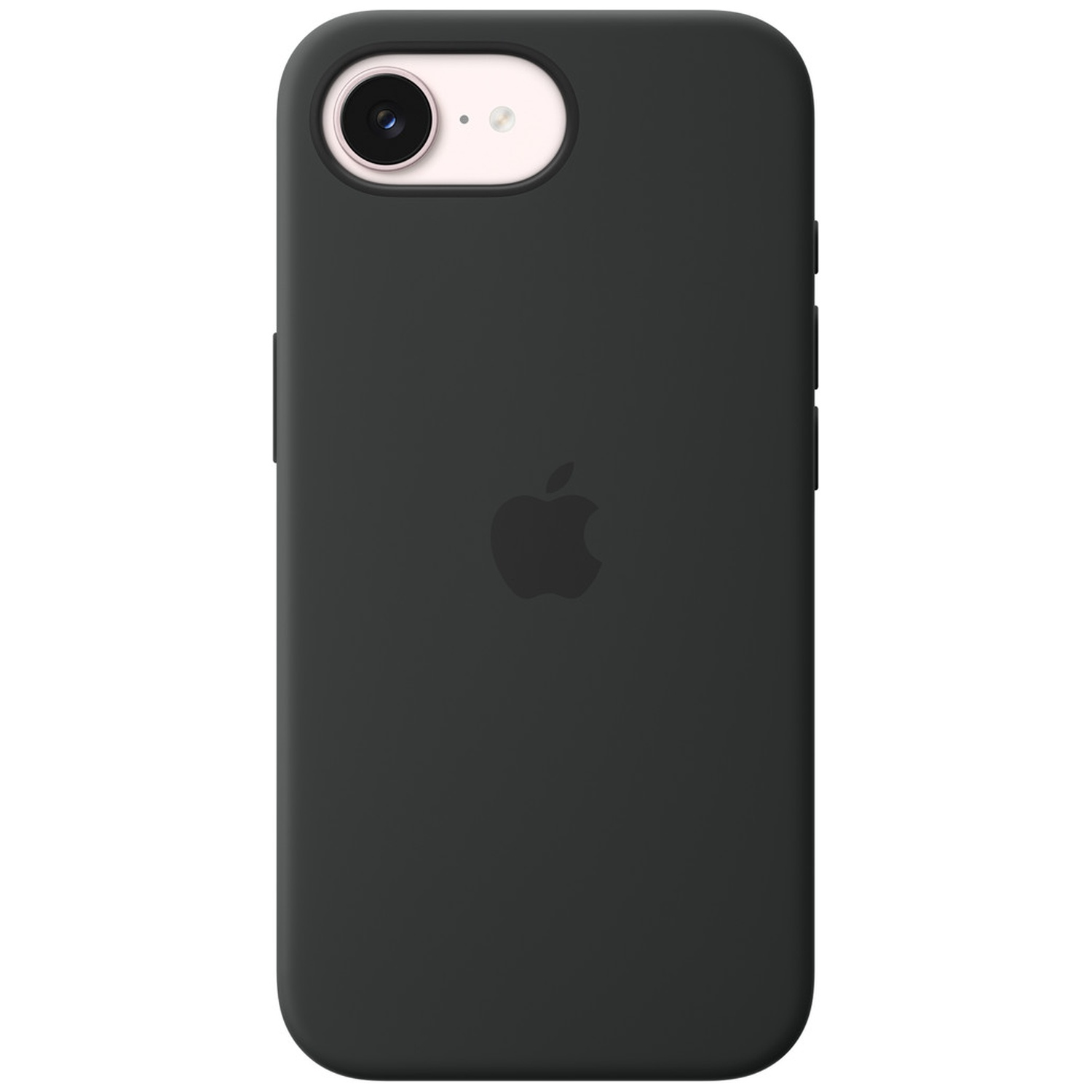 Zwarte iPhone-hoes met Apple-logo en camera-uitsparing.