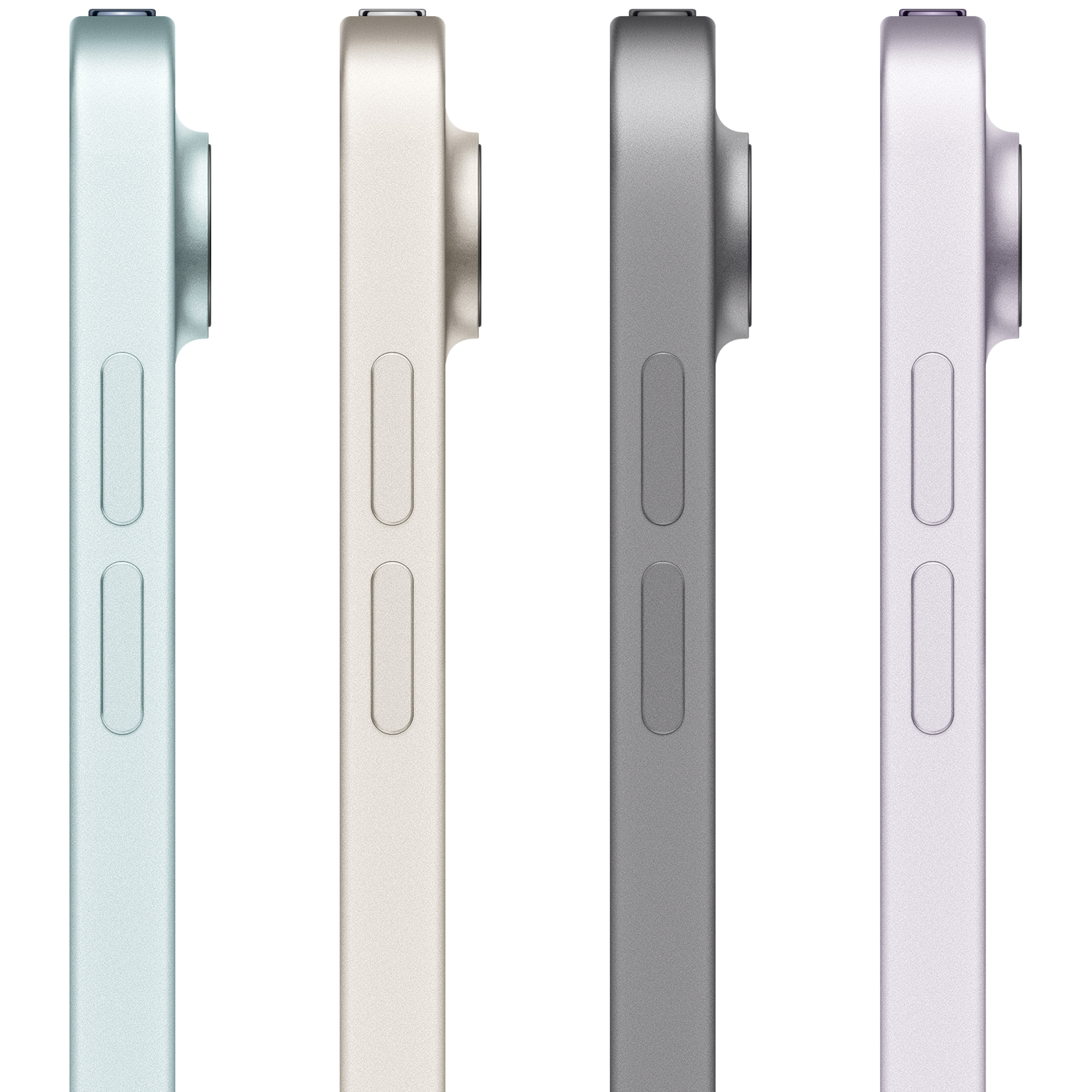 Quatre iPads de couleurs différentes : bleu clair, beige, gris et violet.