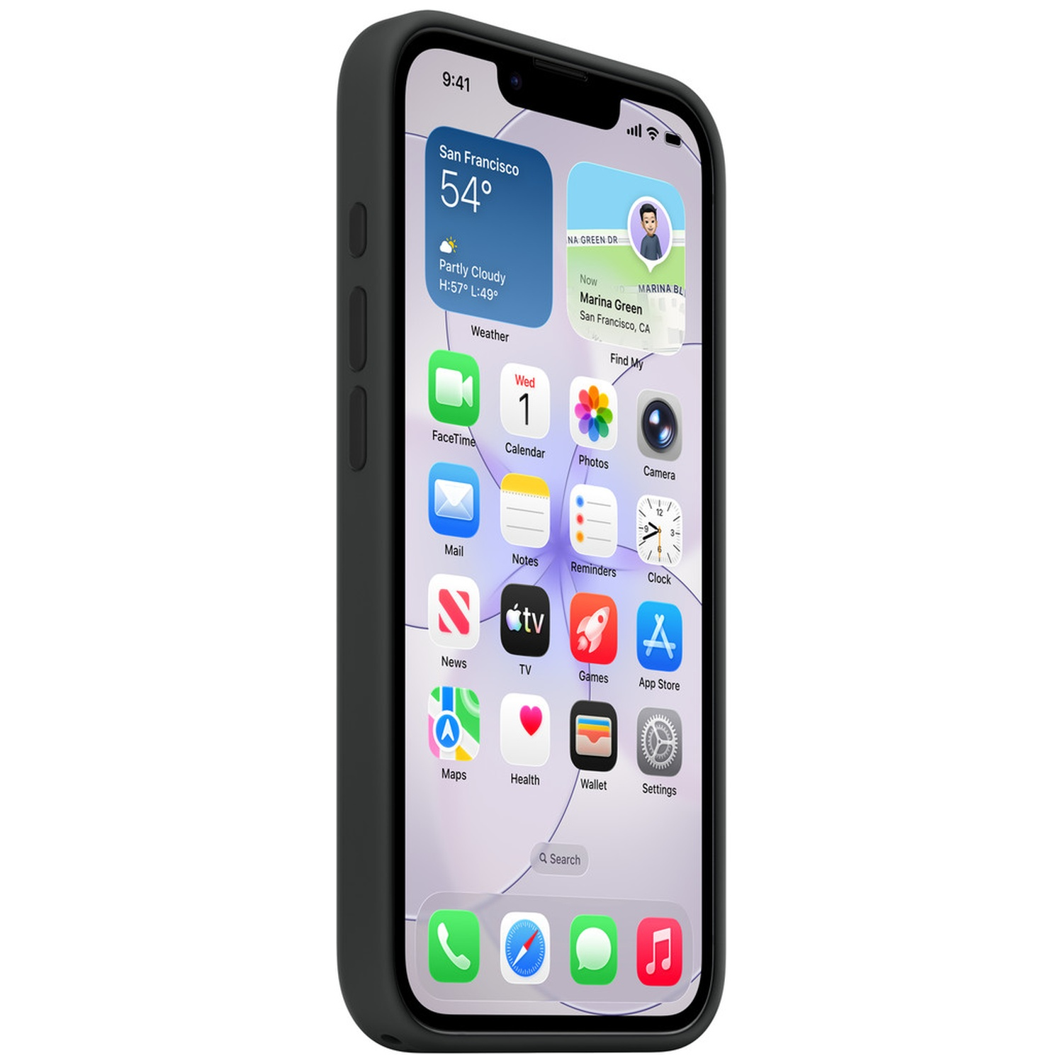 Een zwarte iPhone in een donkere hoes toont het startscherm met weer- en contactwidgets.