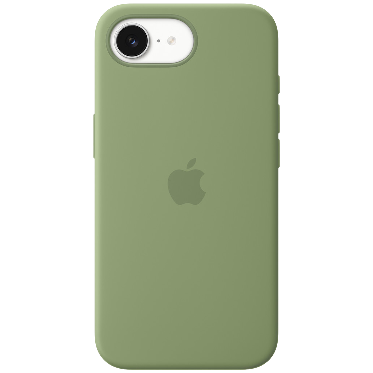 Coque verte pour iPhone avec logo Apple et découpe caméra.