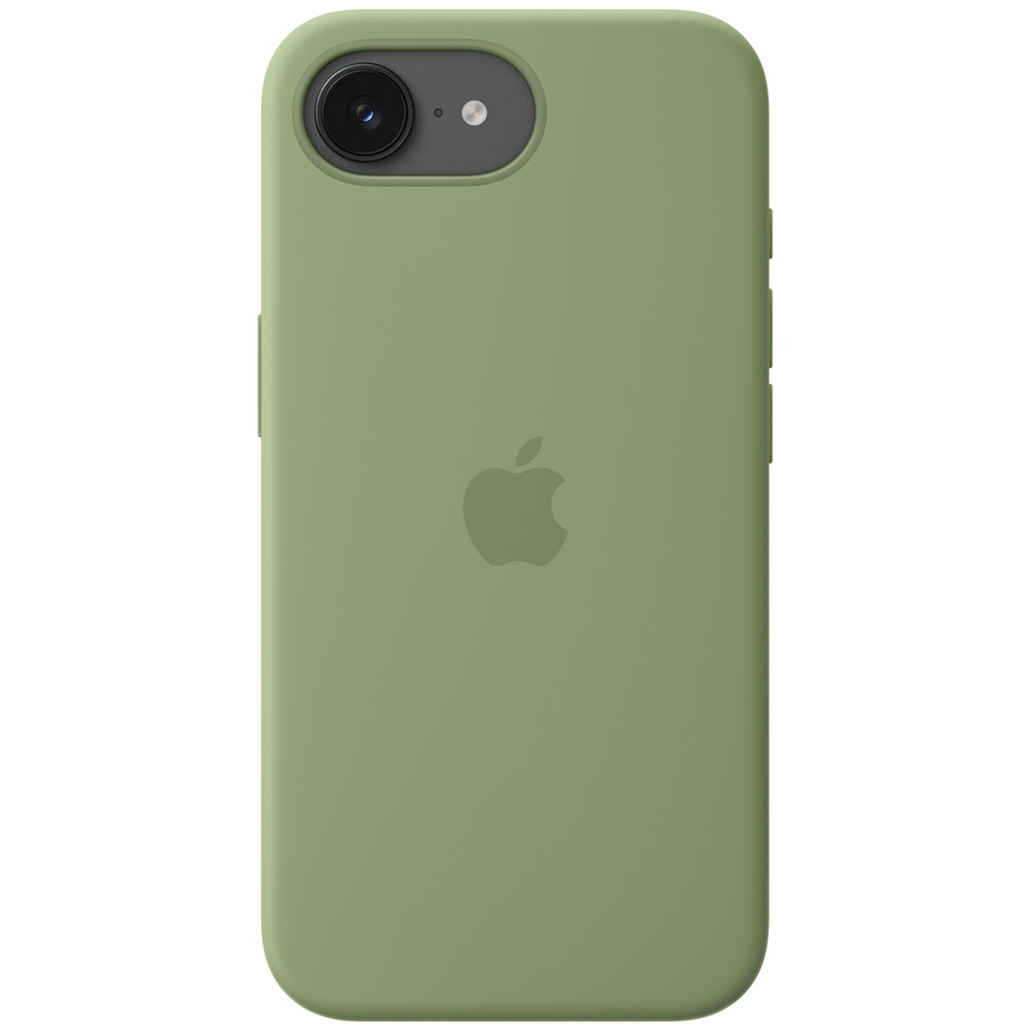 Une coque iPhone vert olive avec logo Apple et découpe caméra.