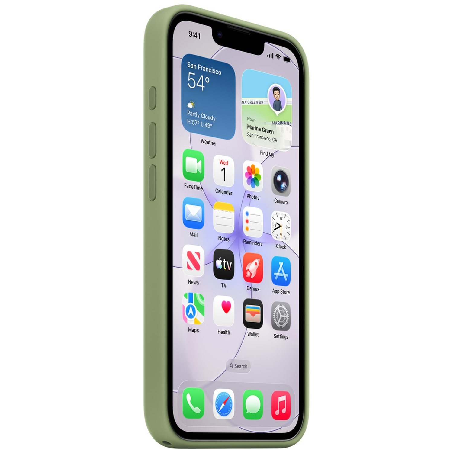 Un iPhone vert affichant le widget météo et des icônes d'applications.