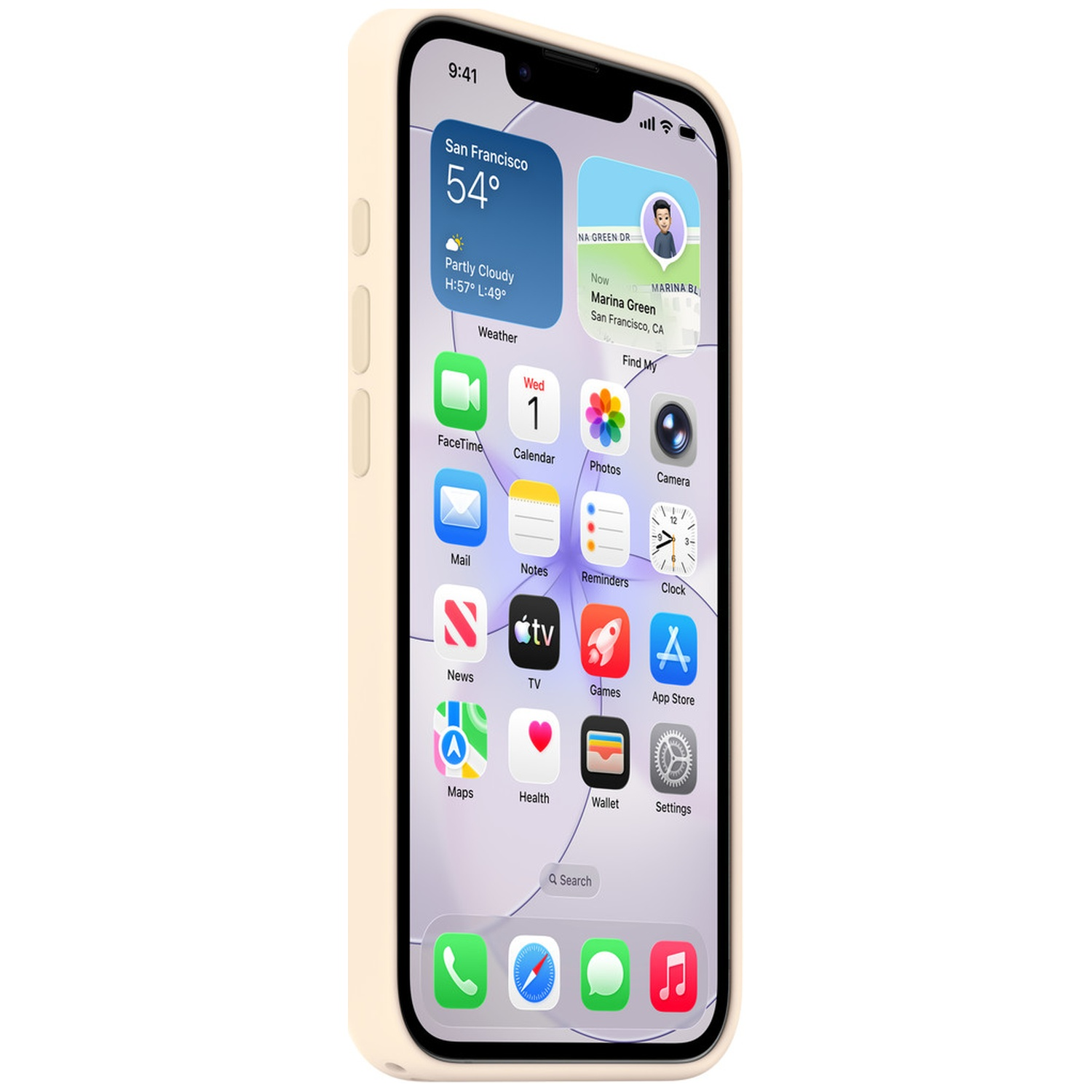 Un téléphone dans un étui jaune affiche son écran d'accueil avec des applications comme Météo, Calendrier et Appareil photo.