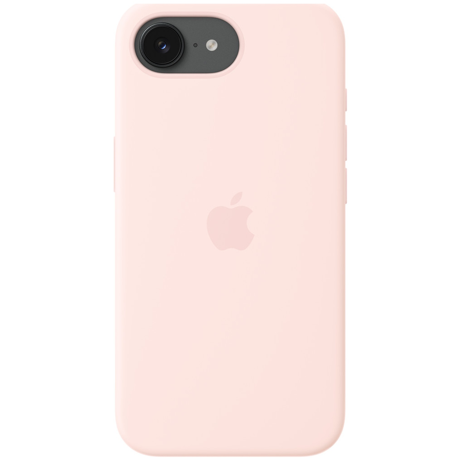 Een lichtroze telefoonhoes met Apple-logo en camera-uitsparing.