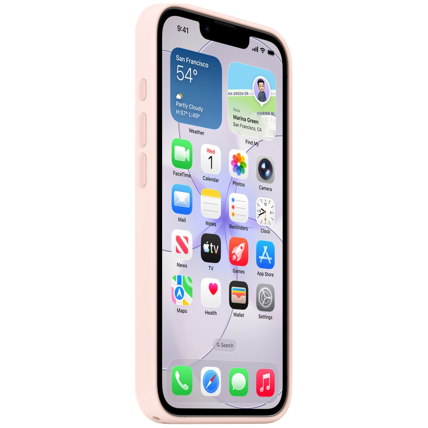 Een roze iPhone met de apps Weer en Zoek mijn vrienden.