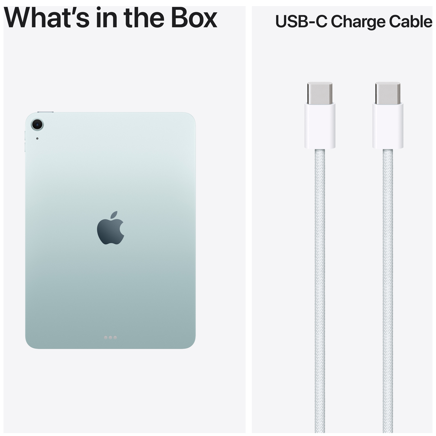 Un iPad vert clair et deux câbles de charge USB-C blancs sur fond blanc.