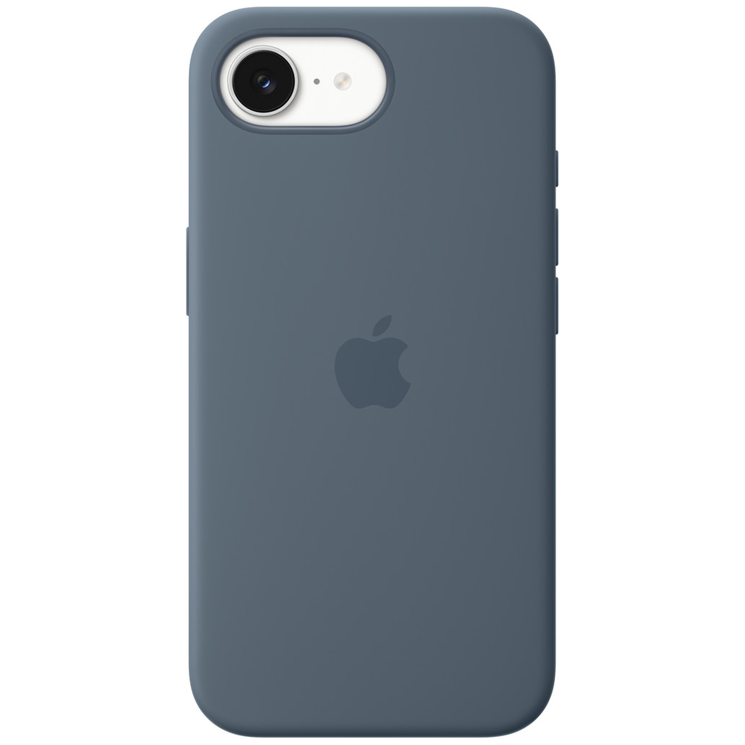 Arrière d'un étui bleu foncé pour iPhone avec le logo Apple.