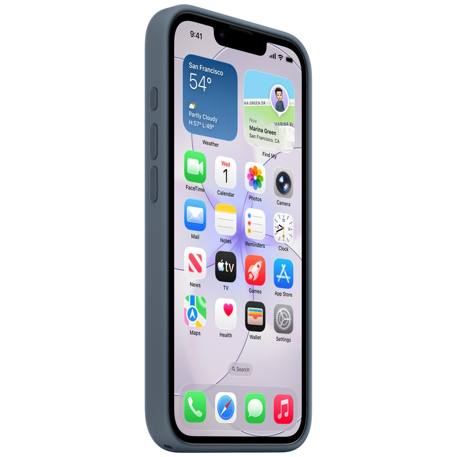 Un iPhone bleu affichant l'application météo et diverses icônes d'applications.