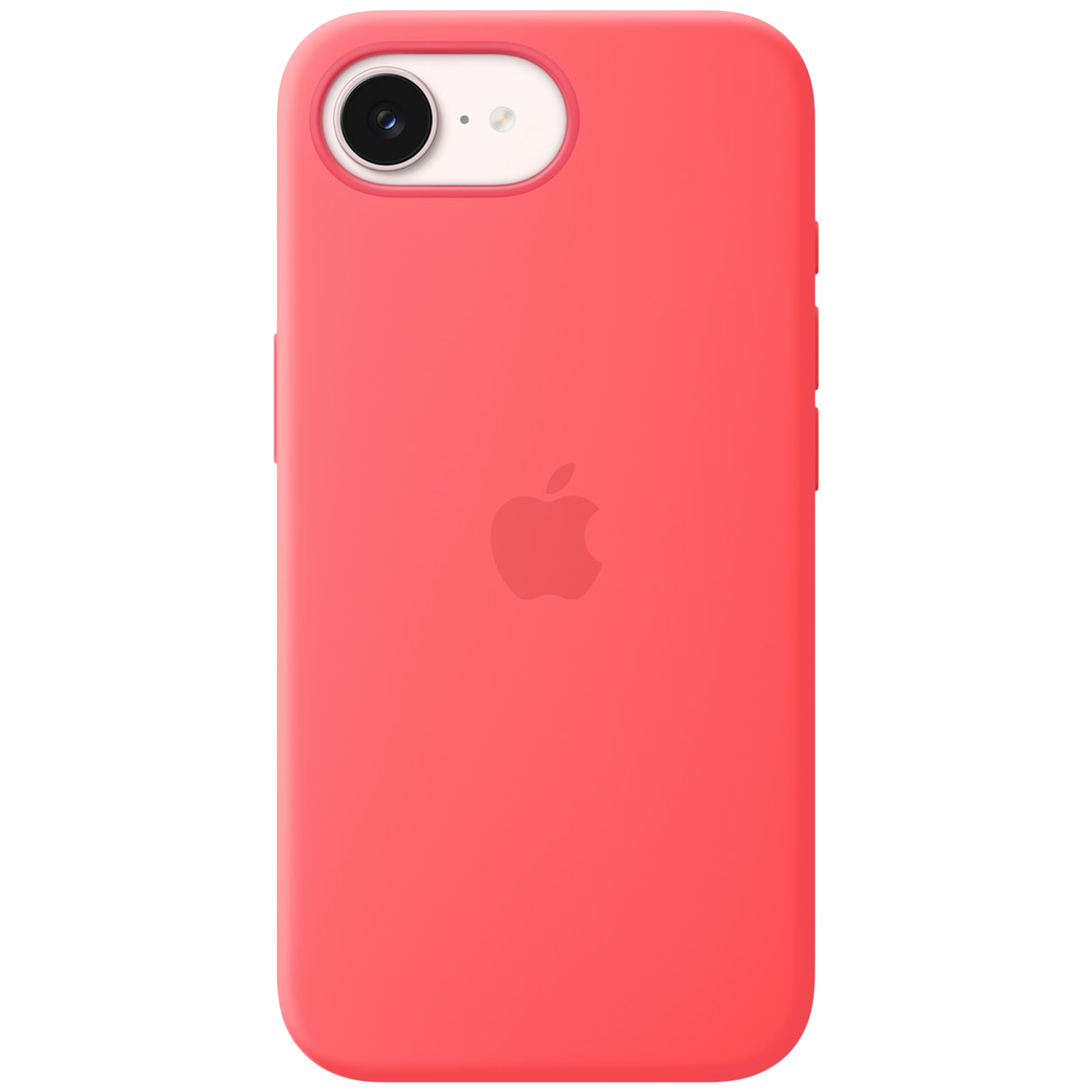 Coque rouge avec logo Apple et découpe caméra sur fond blanc.