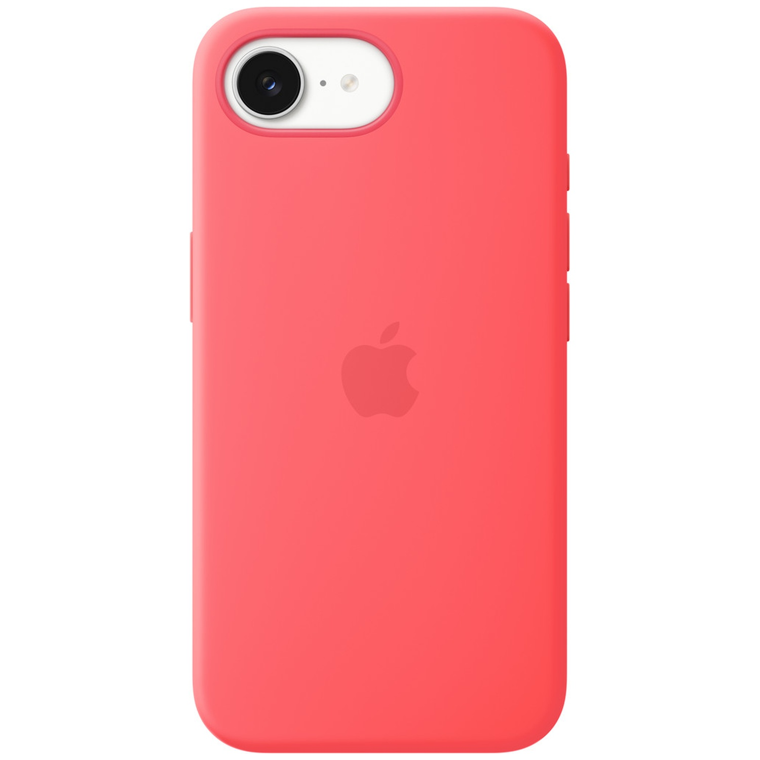 Étui iPhone rouge avec logo Apple et découpe caméra.