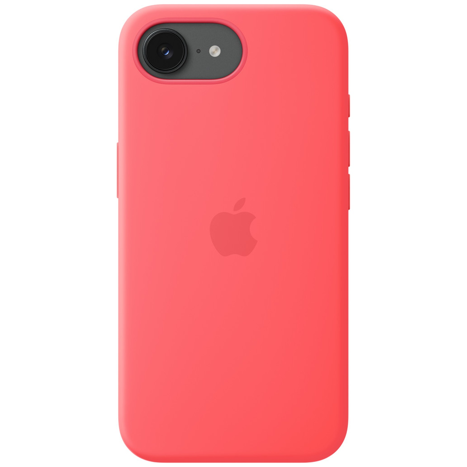 Une coque iPhone rouge corail avec logo Apple et découpe caméra.