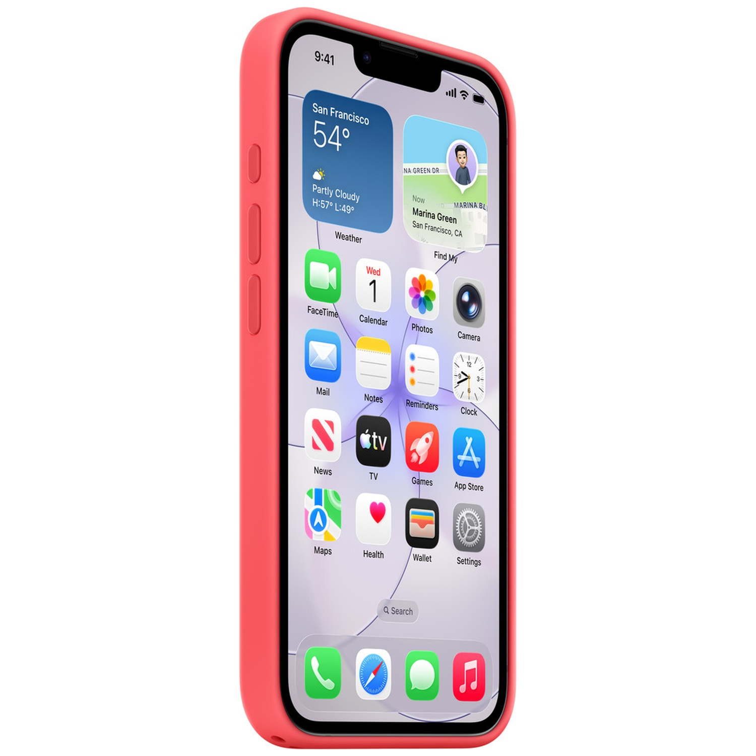 Un iPhone rouge affichant un écran de verrouillage avec la météo et l'heure.