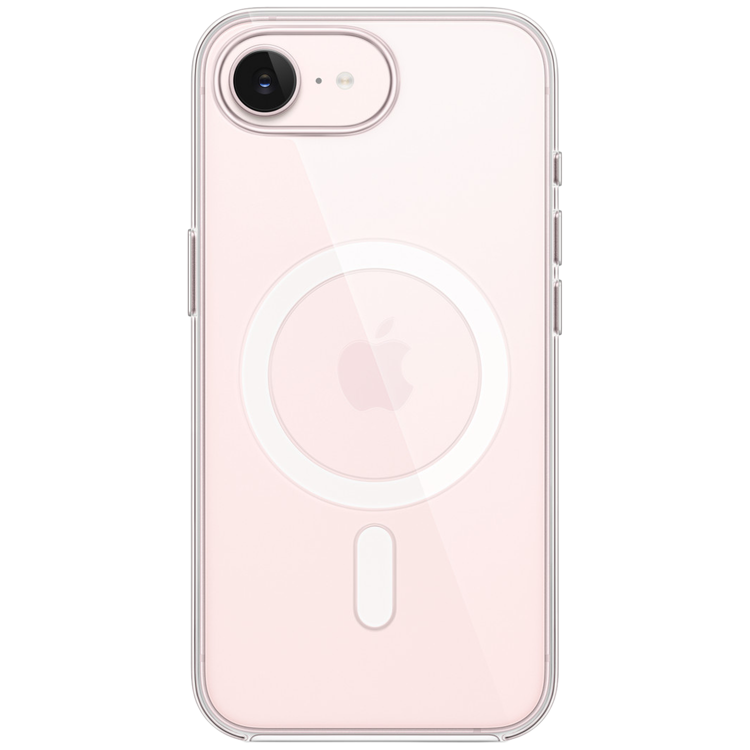 A clear pink iPhone with a circular charging indicator and Apple logo.