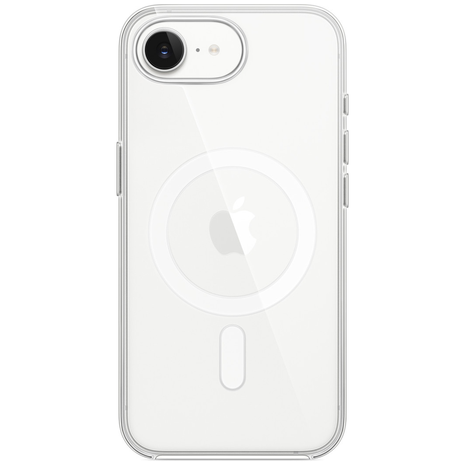 Clear phone case with Apple logo and MagSafe ring.