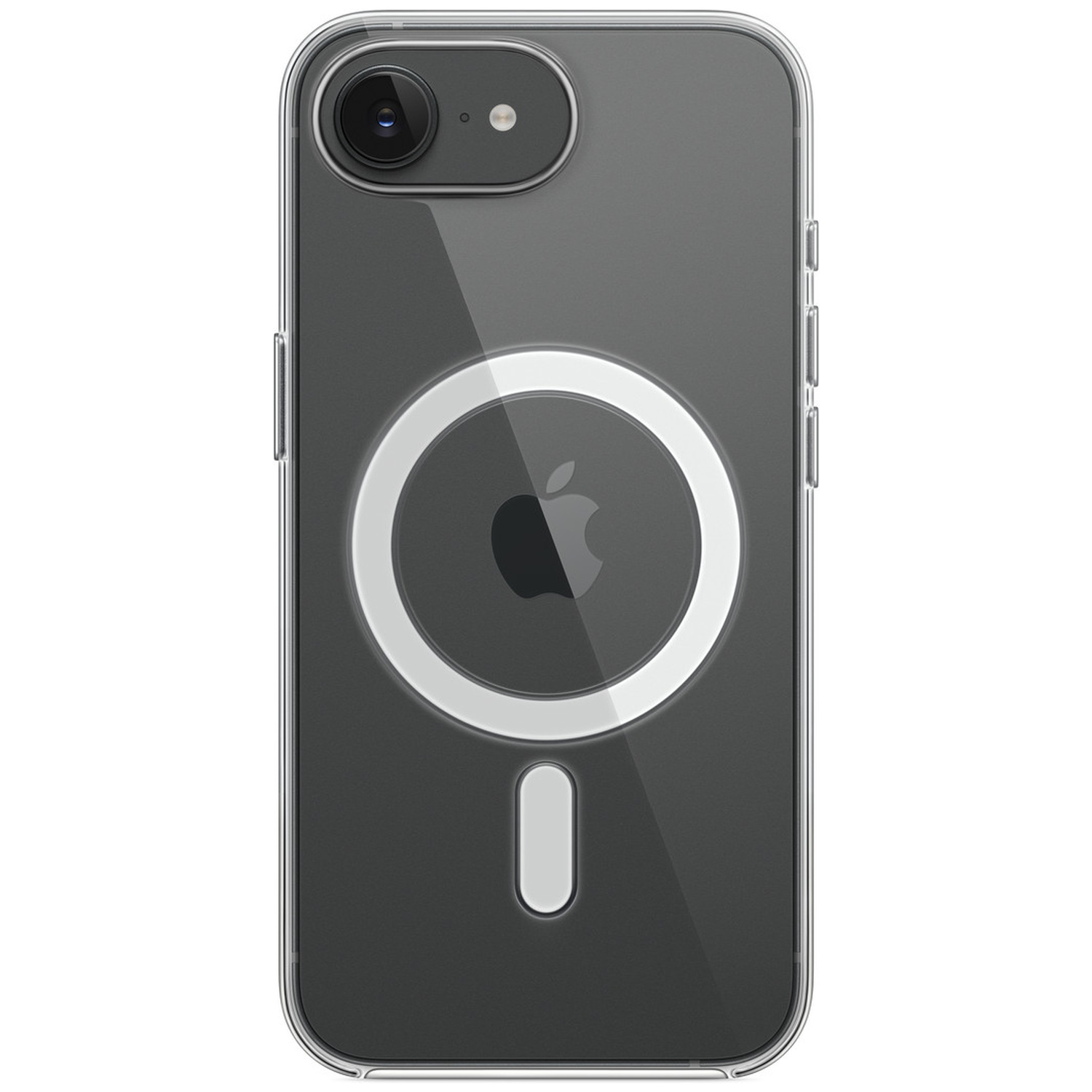 Clear iPhone case with Apple logo and MagSafe circle on the back.