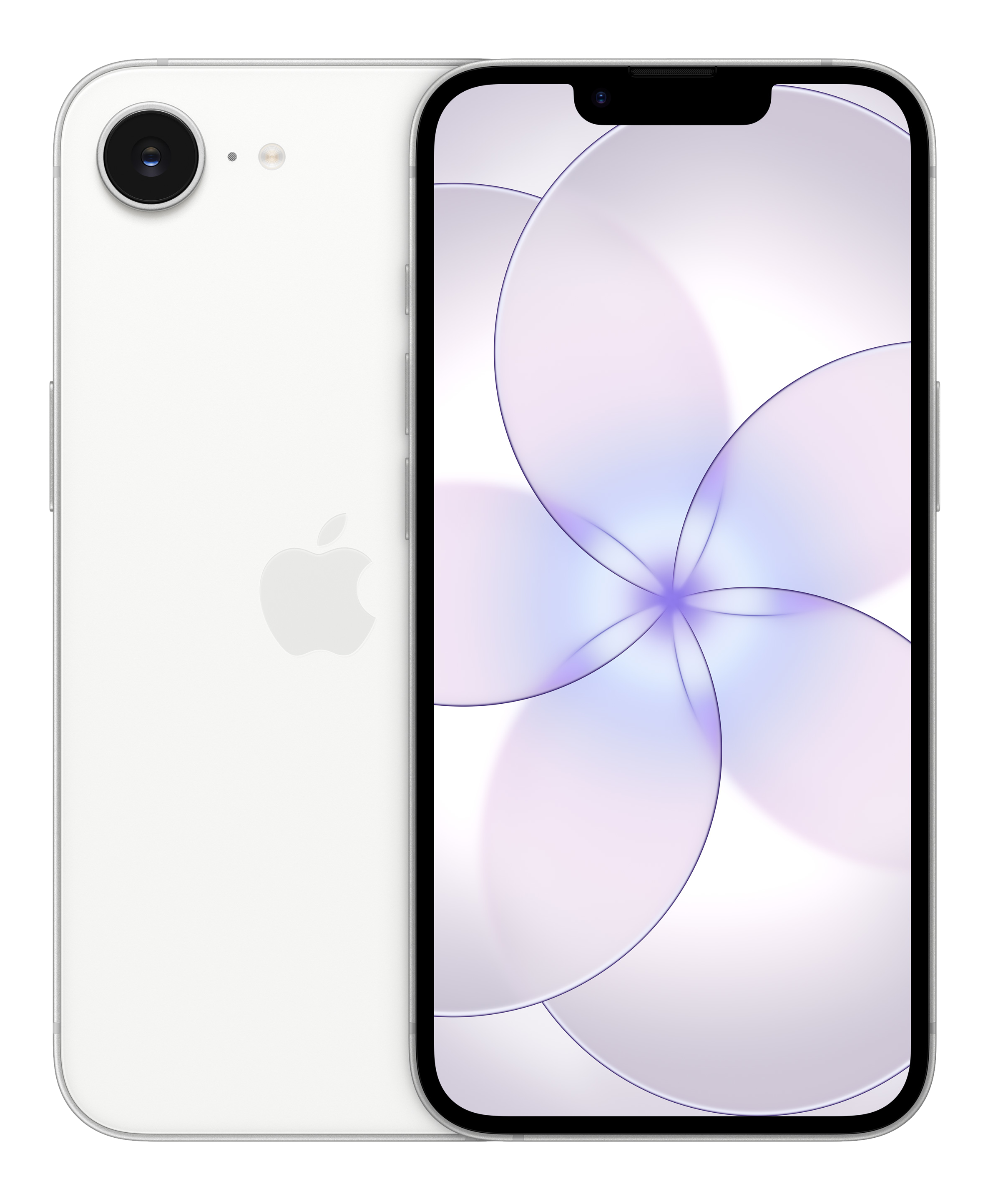 Biały iPhone z logo Apple i tapetą kwiatową pokazany z przodu i z tyłu.