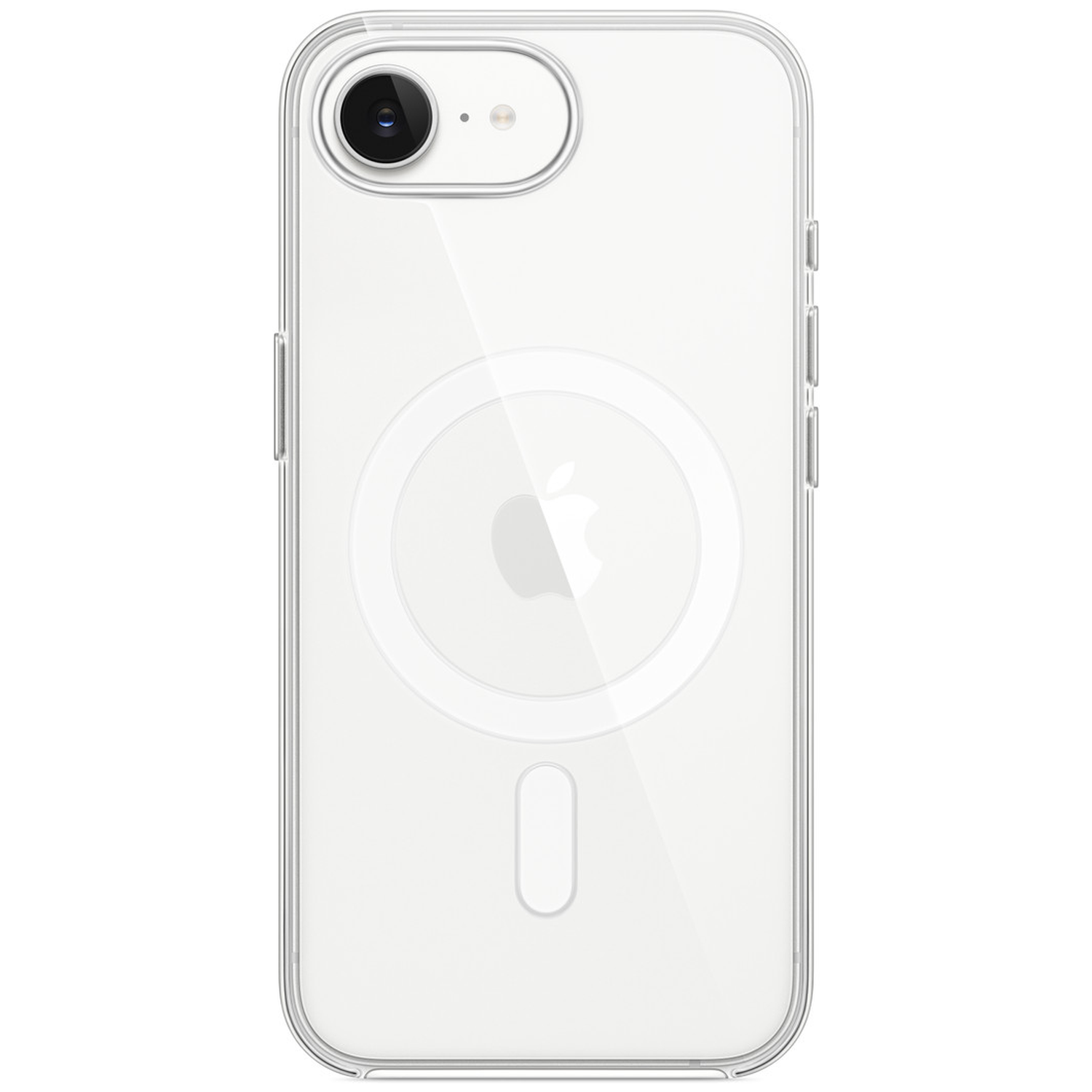 A clear case protects an iPhone with an Apple logo.