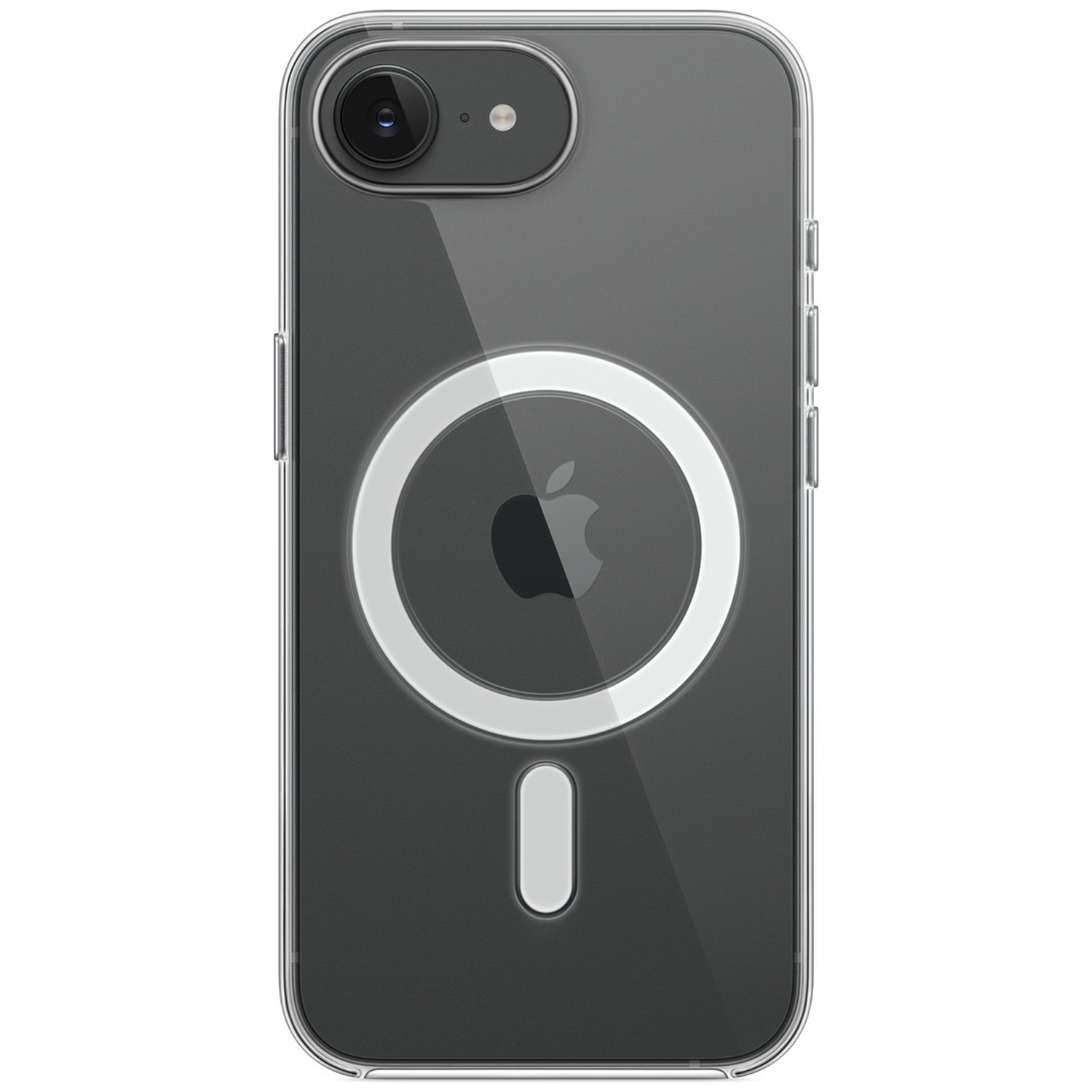 Clear phone case with Apple logo and magnetic ring on a white background.